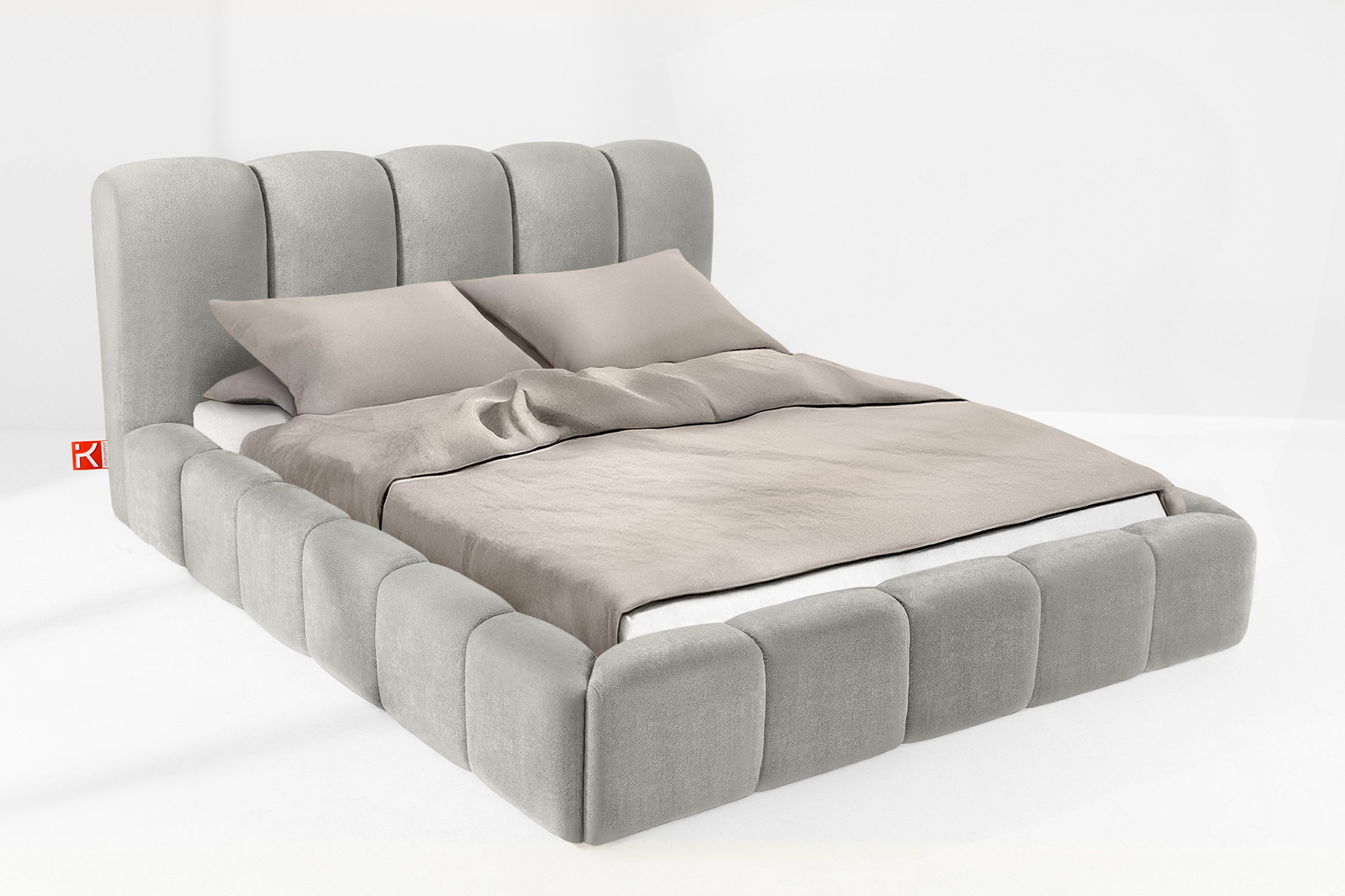 KONSIMO® Polsterbett Doppelbett MERIDE mit Stauraum, ohne Matratze, hergestellt in der EU (160/180/200 cm x 200 cm), Massivholzrahmen, Chenillegewebe, gepolstertes Kopfteil, Japandi