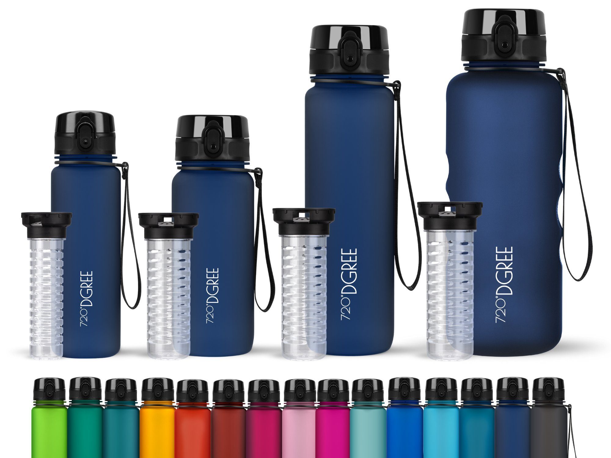 720°DGREE Trinkflasche uberBottle auslaufsicher 500ml,650ml,1 Früchtebehälter, und sapphire 1,5 Sport Schule, blue liter, Outdoor, für mit Fahrrad Sportflasche l Wasserflasche