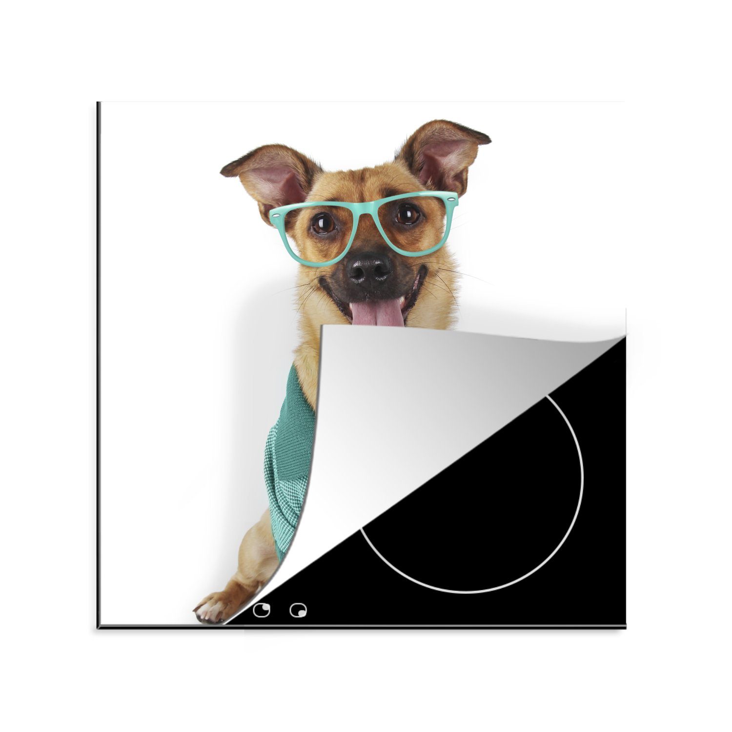 für Hund cm, - - Arbeitsplatte Ceranfeldabdeckung, Herdblende-/Abdeckplatte Hemd (1 Hipster, tlg), Brille küche 78x78 - Vinyl, MuchoWow