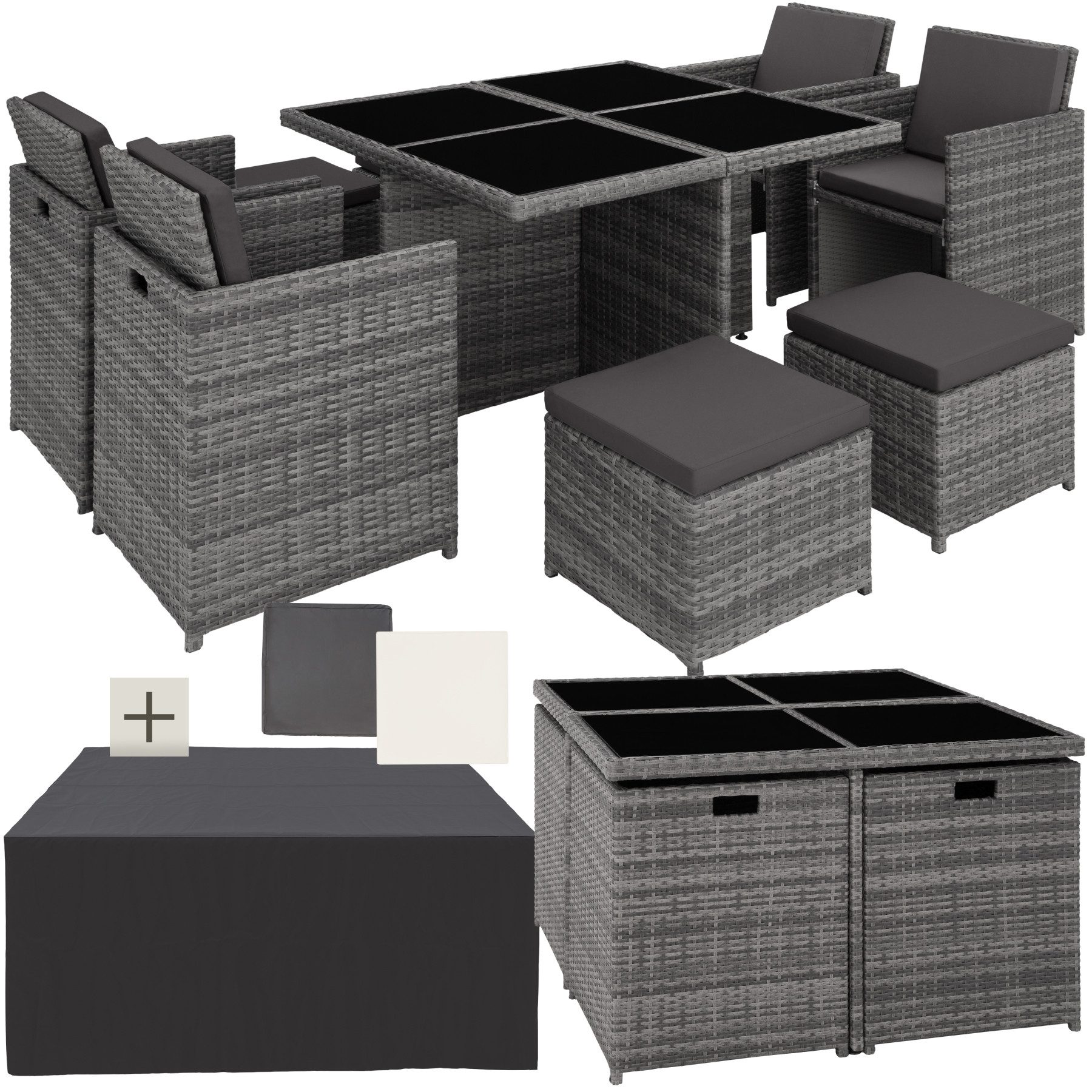 tectake Sitzgruppe Rattan Sitzgruppe, (Set., 9-tlg), 2 Bezugssets, Sitzpolster ca. 5 cm dick, abnehmbar