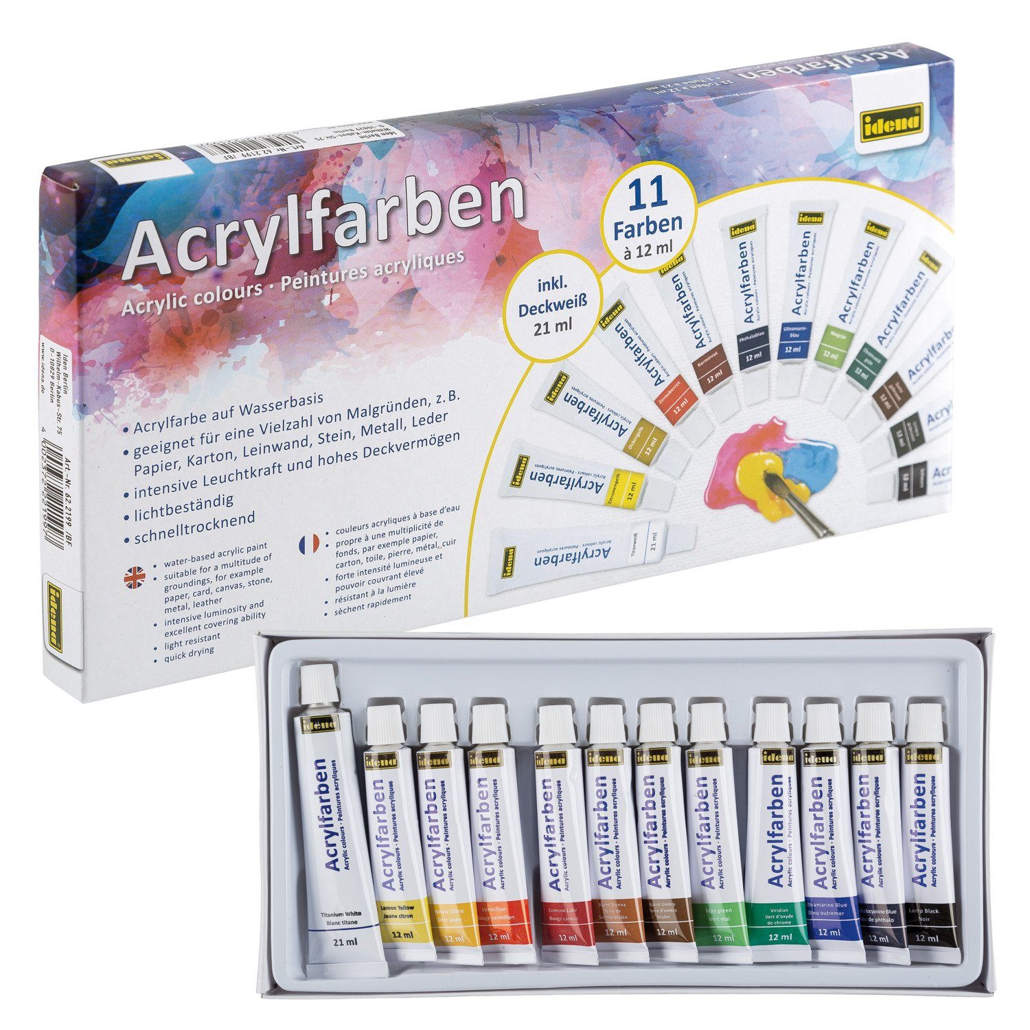 Idena Acrylfarbe Idena 622199 – Acrylfarbenset, 12 teilig, mit deckenden Acrylfarben