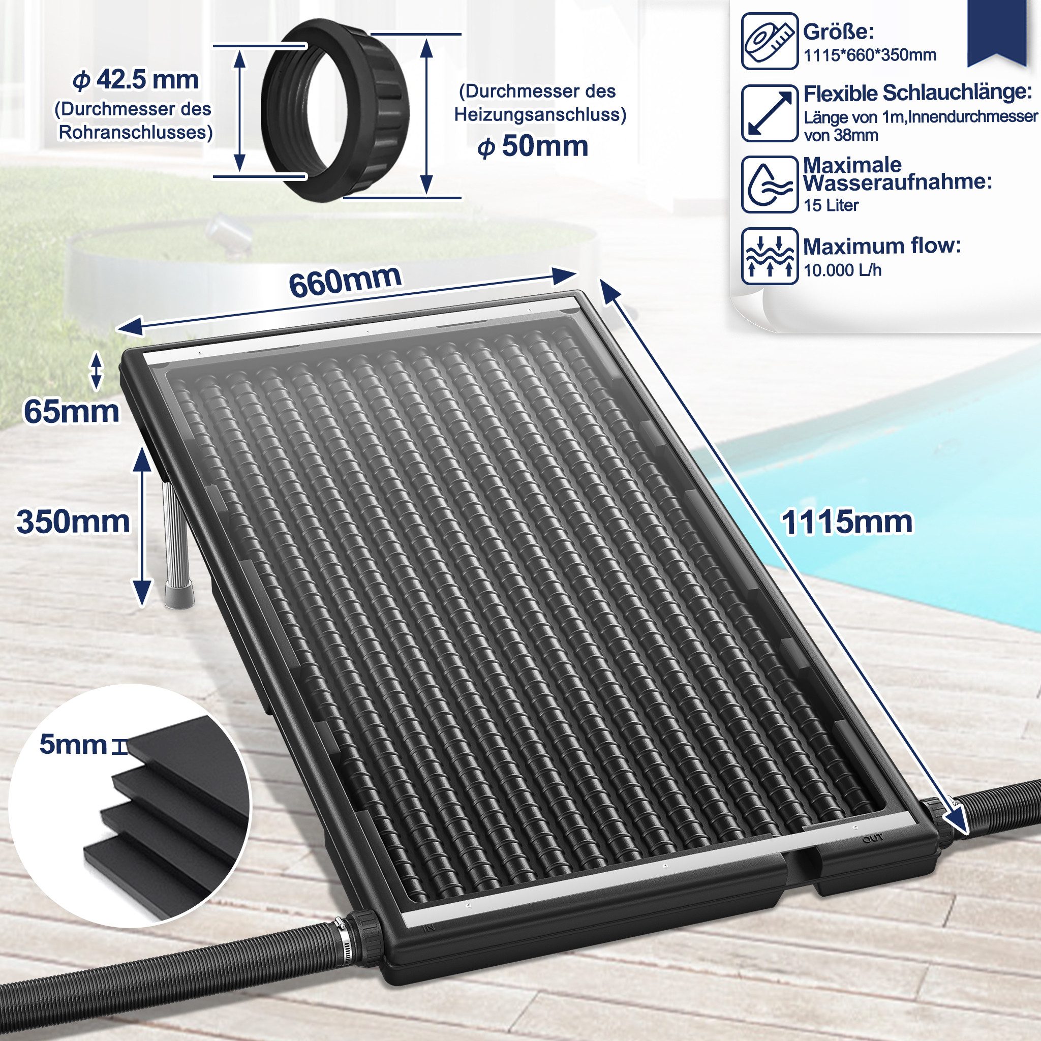 FIVMEN Pool-Wärmepumpe Poolheizung Sonnenkollektor Poolheizungen Solar Heizungen 111.5 x 65cm (1 tlg), Heizung Solarmatte für Warmwasser Gartendusche Pool Außen Innenhöfe