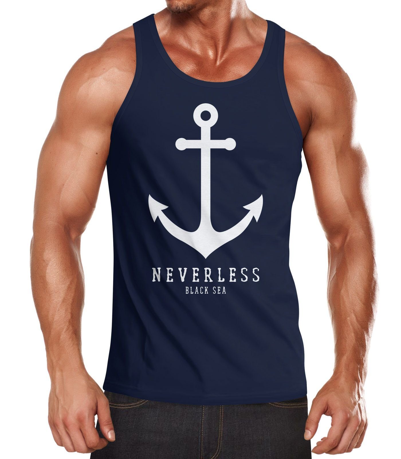 Neverless® Anker Neverless mit Tanktop Herren navy Print Muskelshirt Tank-Top Muscle Shirt