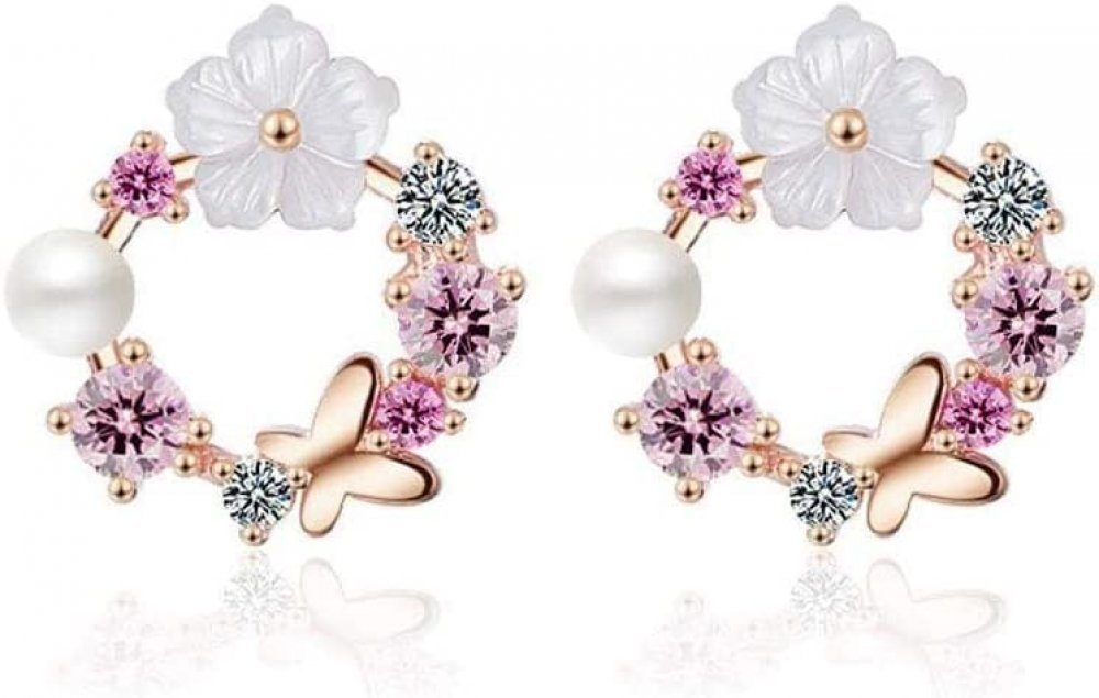 (1-tlg) Schmetterlings-Blume-Perlen-Zirkon-Damen-Ohrstecker Hübsche Paar Ohrhänger WaKuKa