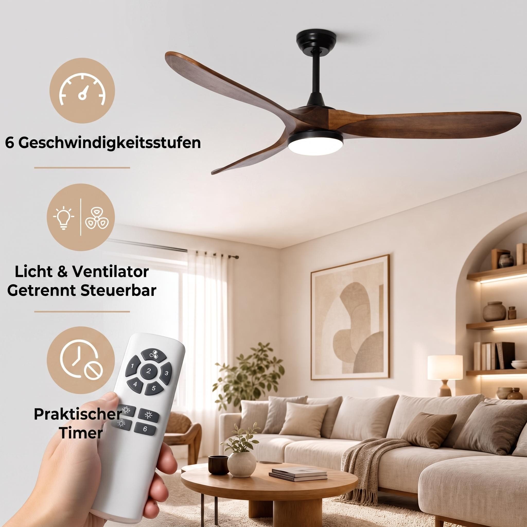 GarveeMore Deckenventilator mit LED Licht & Fernbedienung & 3 Flügel für Indoor, leise, Holzoptik, 132 cm, DC Motor, 6 Geschwindigkeiten, 3 Lichtfarben, dimmbar – Bild 5 von 5