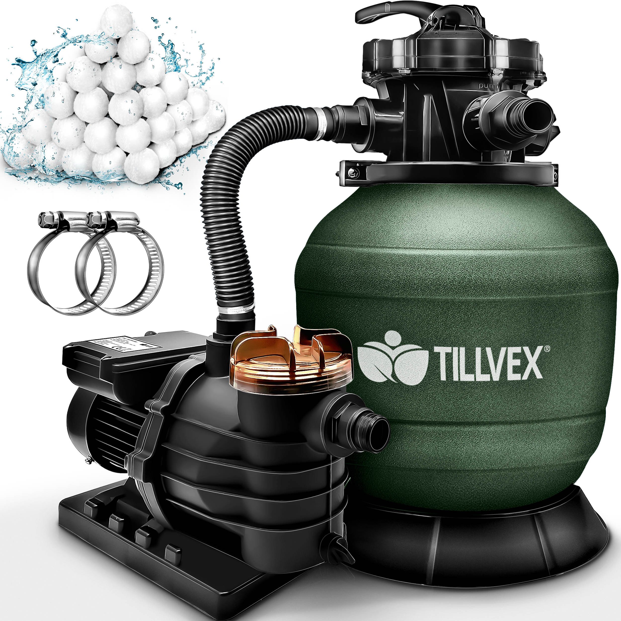 tillvex Sandfilteranlage 10 m³/h Filteranlage + 800g Filterbälle 7-Wege Ventil Poolfilter, Filterkessel mit Druckanzeige Sandfilter für Pool und Schwimmbecken