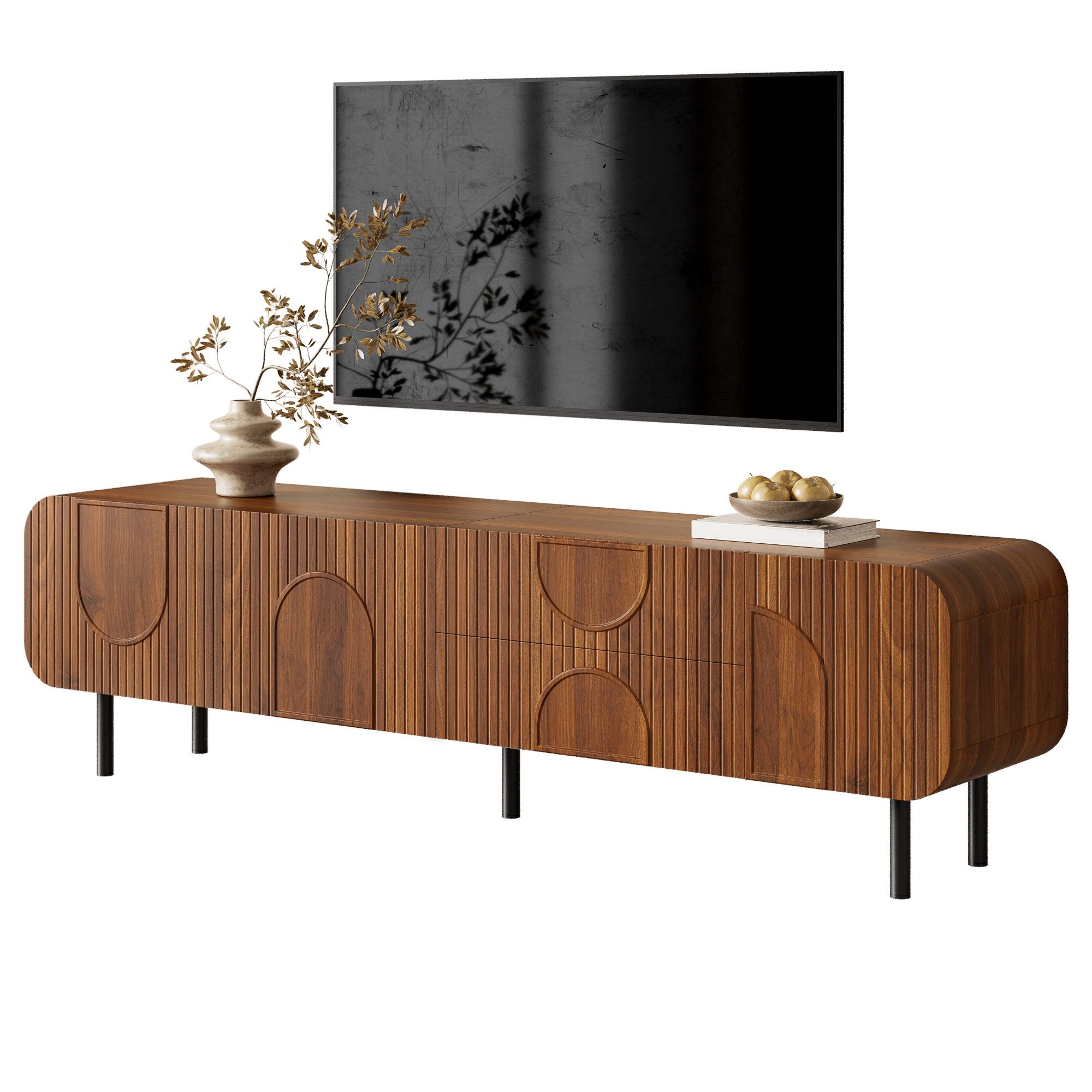 Refined Living TV-Schrank TV-Schrank Nussbaum-Optik, 3 Türen und 2 Schubladen, Mid-Century-Stil (TV-Schrank (180x40x47,5cm) aus MDF+Spanplatte, Nussbaum-Optik, Mid-Century-Stil, 3 Türen+2 Schubladen, 1-St., Kabeldurchlässe, Metallbeine, Montagetools enthalten) für Wohnzimmer, stabil und praktisch, ideal für Medienaufbewahrung.