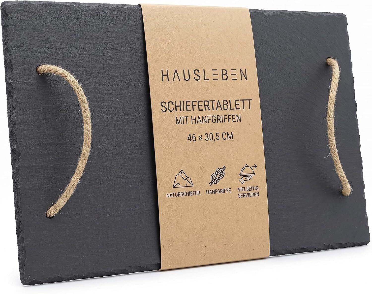 hausleben Servierplatte Schiefertablett mit Hanfgriffen 46 x 30,5 cm – Servierplatte Deko, Schiefer, (Set, 1-tlg., 1-teilig, Schiefertablett 46 x 30,5 cm mit Hanfgriffen), Natur-Schiefer, Rustikales Servierbrett