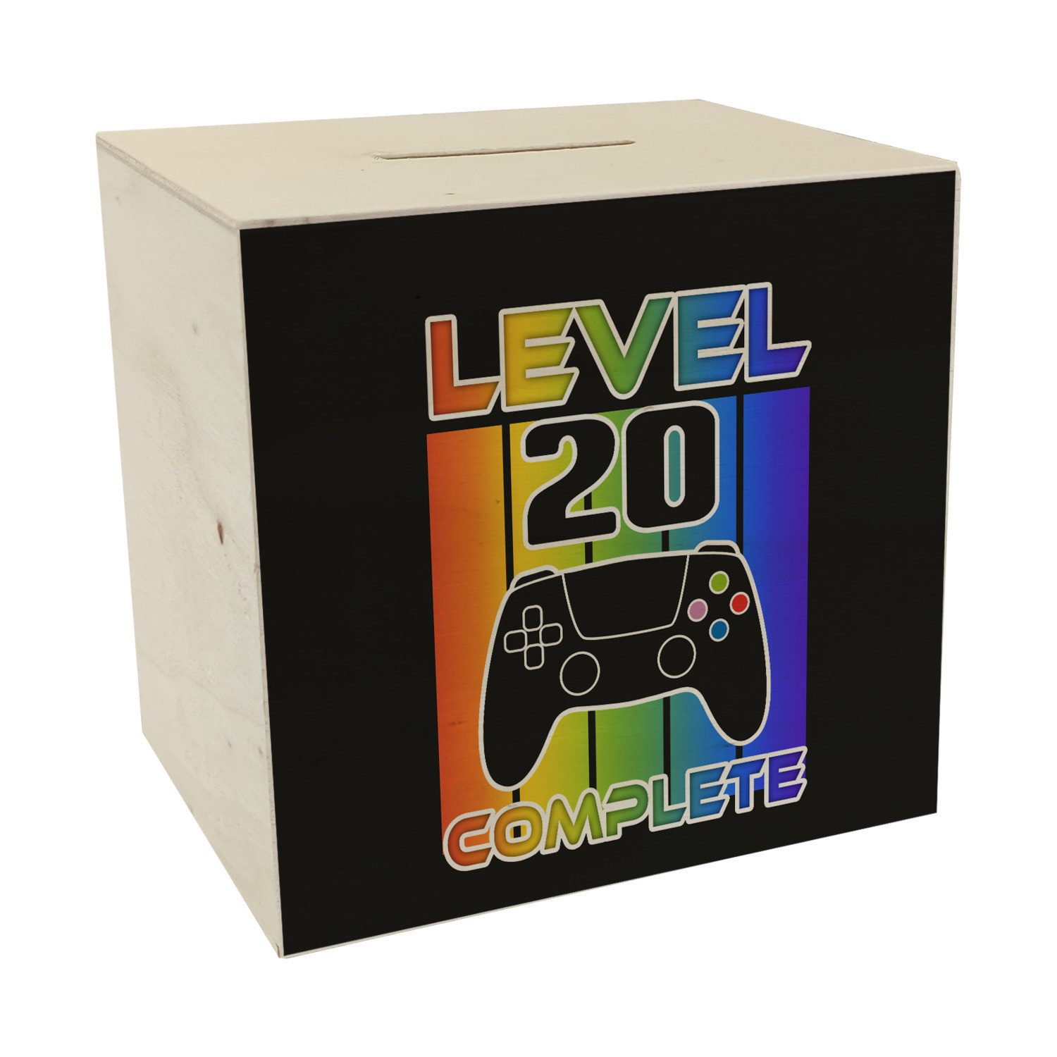 Spardose 20. Geburtstag Gamer Spardose aus Holz mit Spruch Level 20 complete