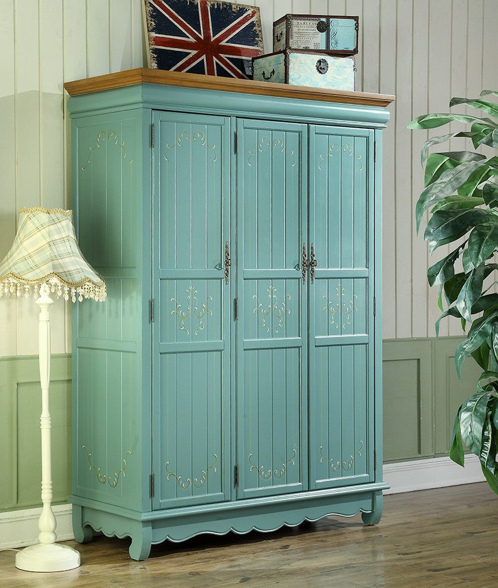 JVmoebel Kleiderschrank Massiver Holzschrank im Landhaus-Stil in Blau von JVmoebel (1-St) Made in Europa