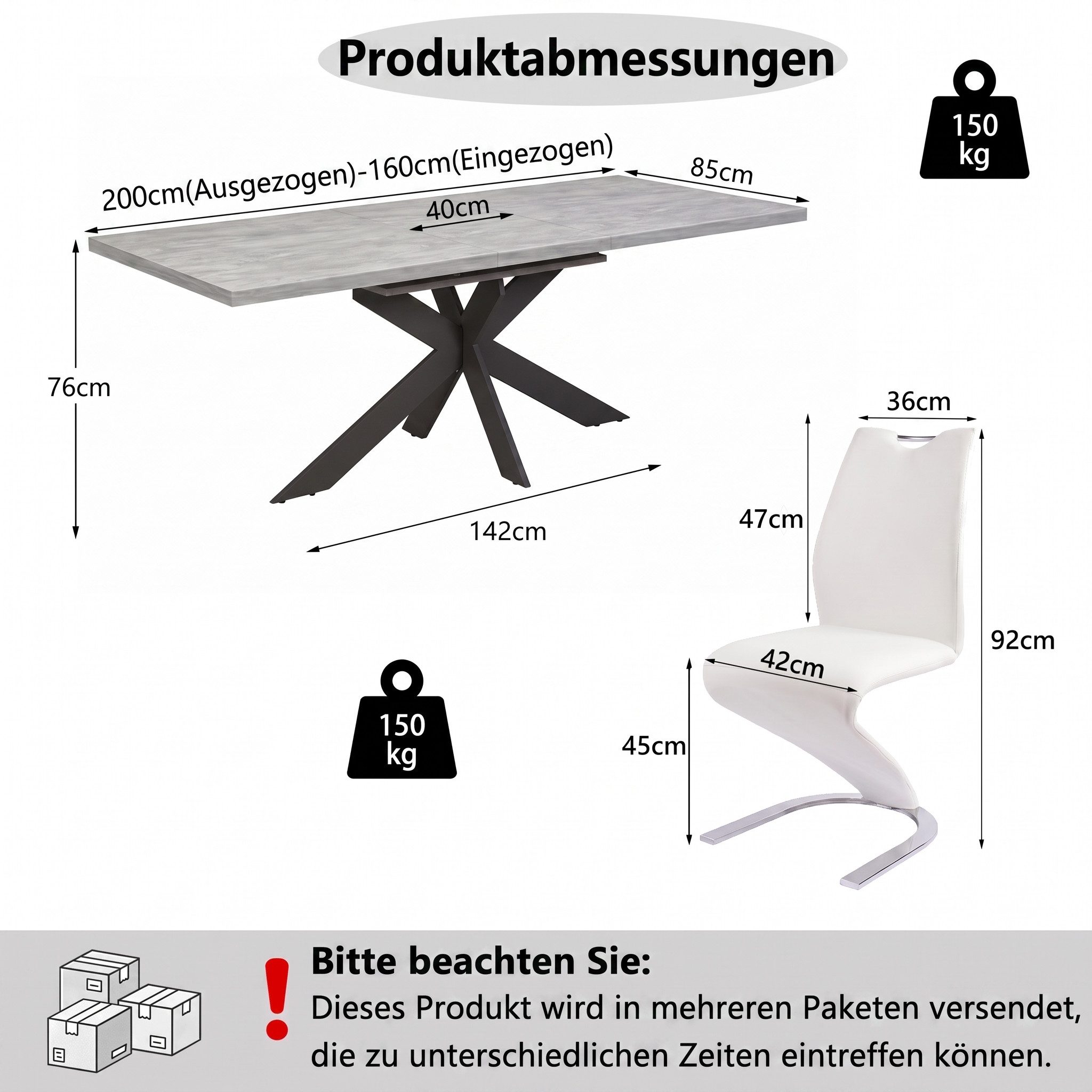 Jiexi Essgruppe Ausziehbarer Esstisch 160-200cm MDF Set PU Leder Freischwinger