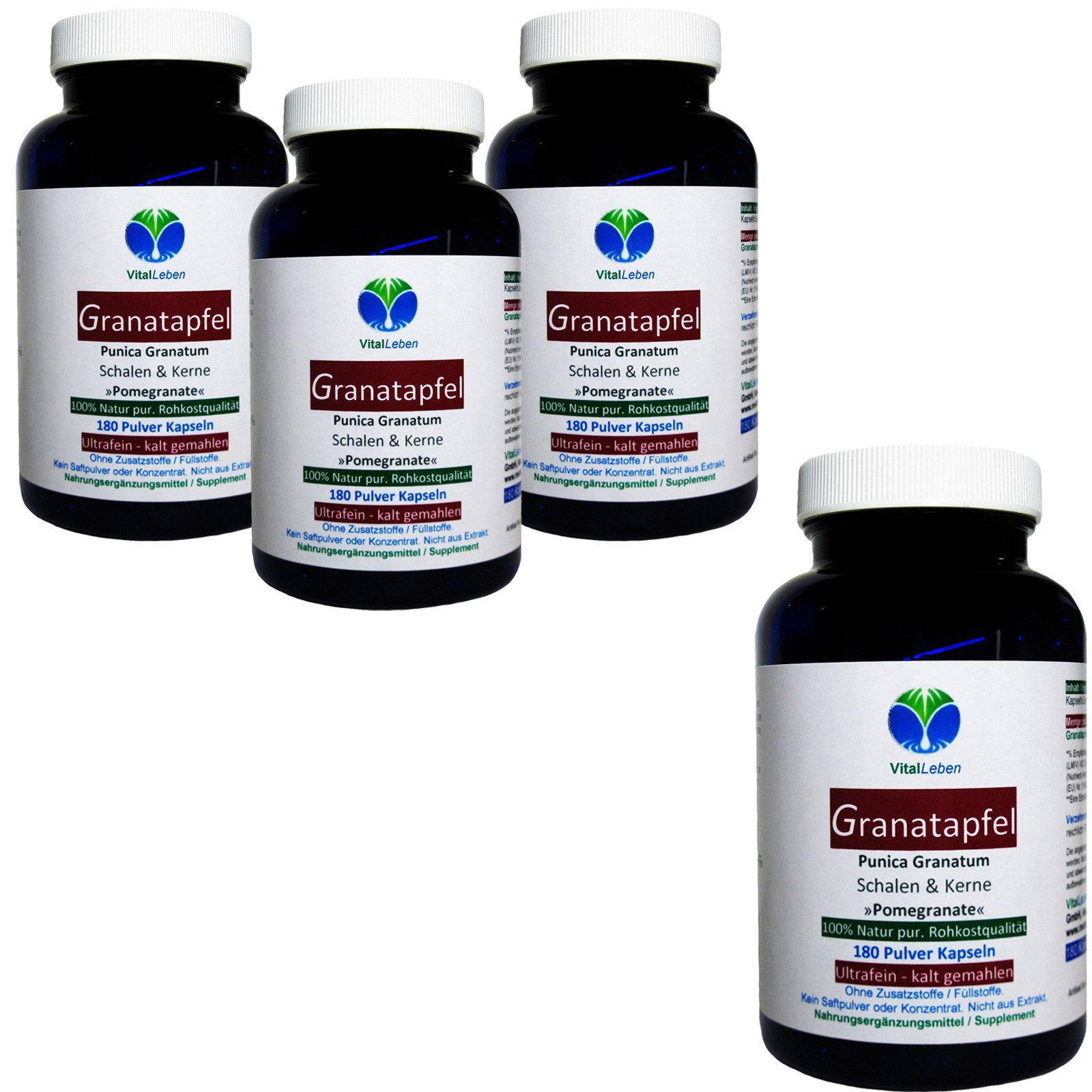 VitalLeben Granatapfel Schalen & Kerne kein Extrakt ohne Zusatzstoffe Kapseln, 4 er Dose à 180 St., 336 g, Art. 27050-720