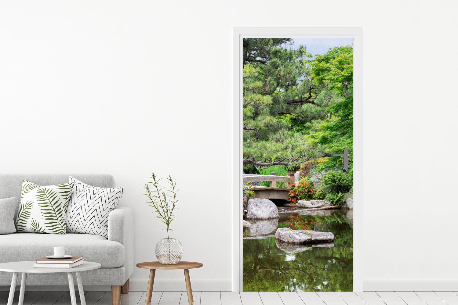 75x205 St), Tür, - Türaufkleber, Steine (1 - cm Japanisch Fototapete - Bäume, für Matt, Natur bedruckt, MuchoWow - Türtapete Wasser