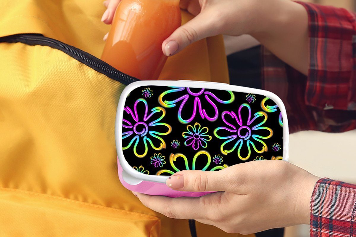 Psychedelisch, Snackbox, - Mädchen, Neon - Lunchbox Brotdose für Muster Blumen Kunststoff, (2-tlg), Kinder, - Erwachsene, MuchoWow Brotbox Kunststoff rosa