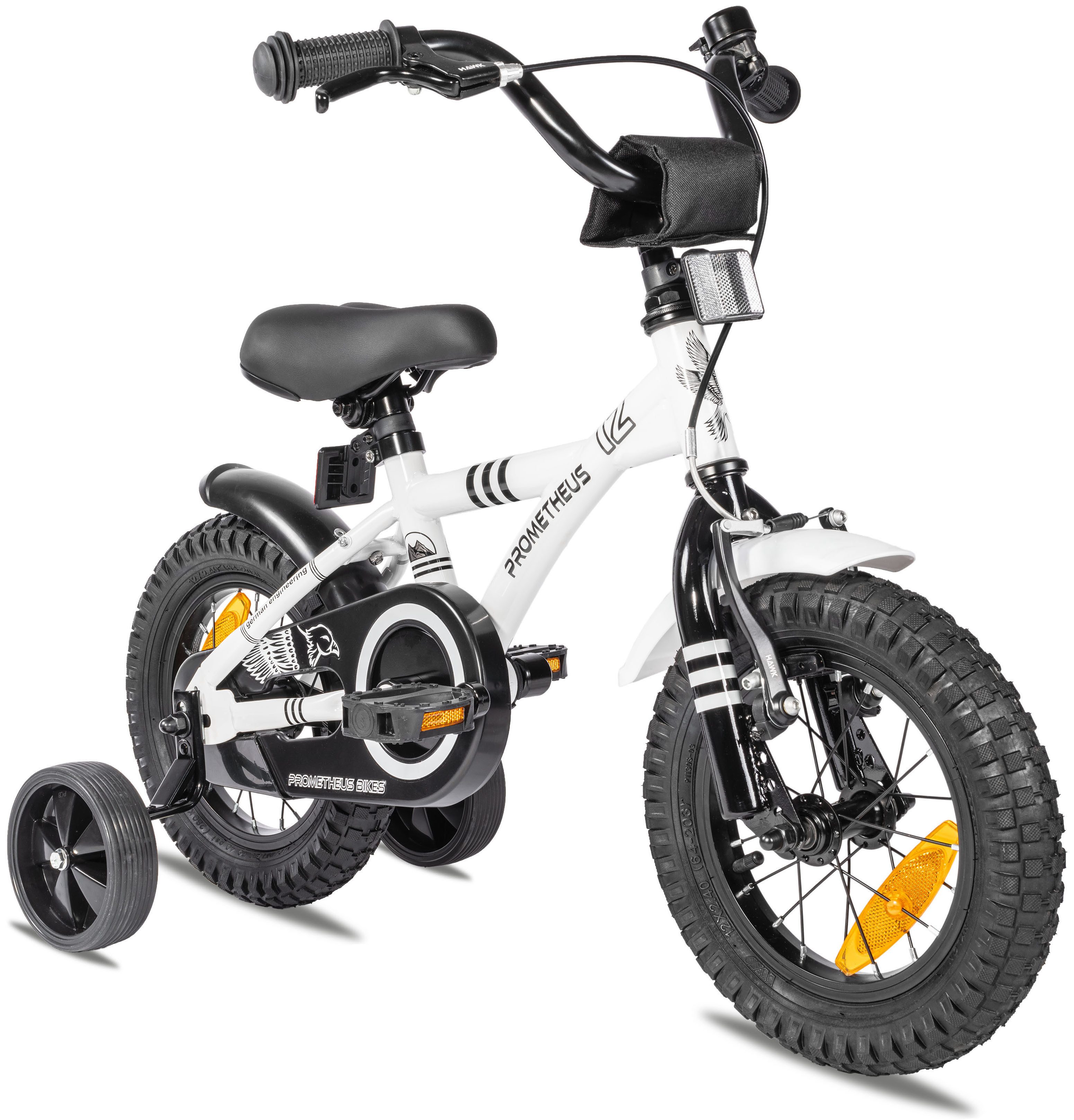 PROMETHEUS BICYCLES Kinderfahrrad HAWK 12 Zoll ab 3 Jahre, 1 Gang, Junge Mädchen Fahrrad Kinder mit Rücktrittbremse Stützräder