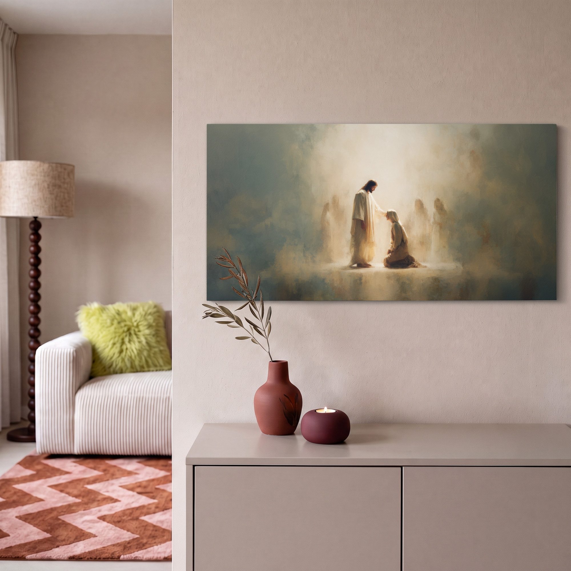 OneMillionCanvasses® Leinwandbild Panorama Kniend - Beige - Abstrakt - Jesus, Fotodruck (1 St), Wandbild, Deko Schlafzimmer Wohnzimmer Flur 40x20 cm – Bild 2 von 5