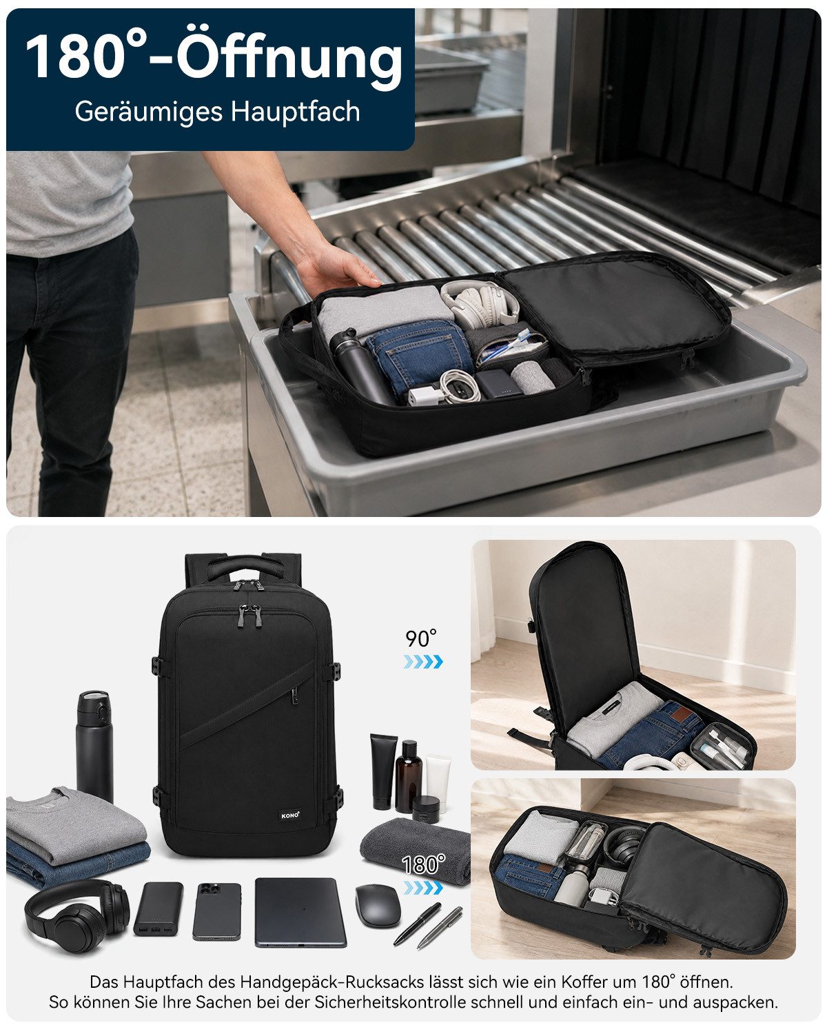 KONO Rucksack Handgepäck-Rucksack mit vielen Fächern Leichtgewicht – Bild 4 von 5