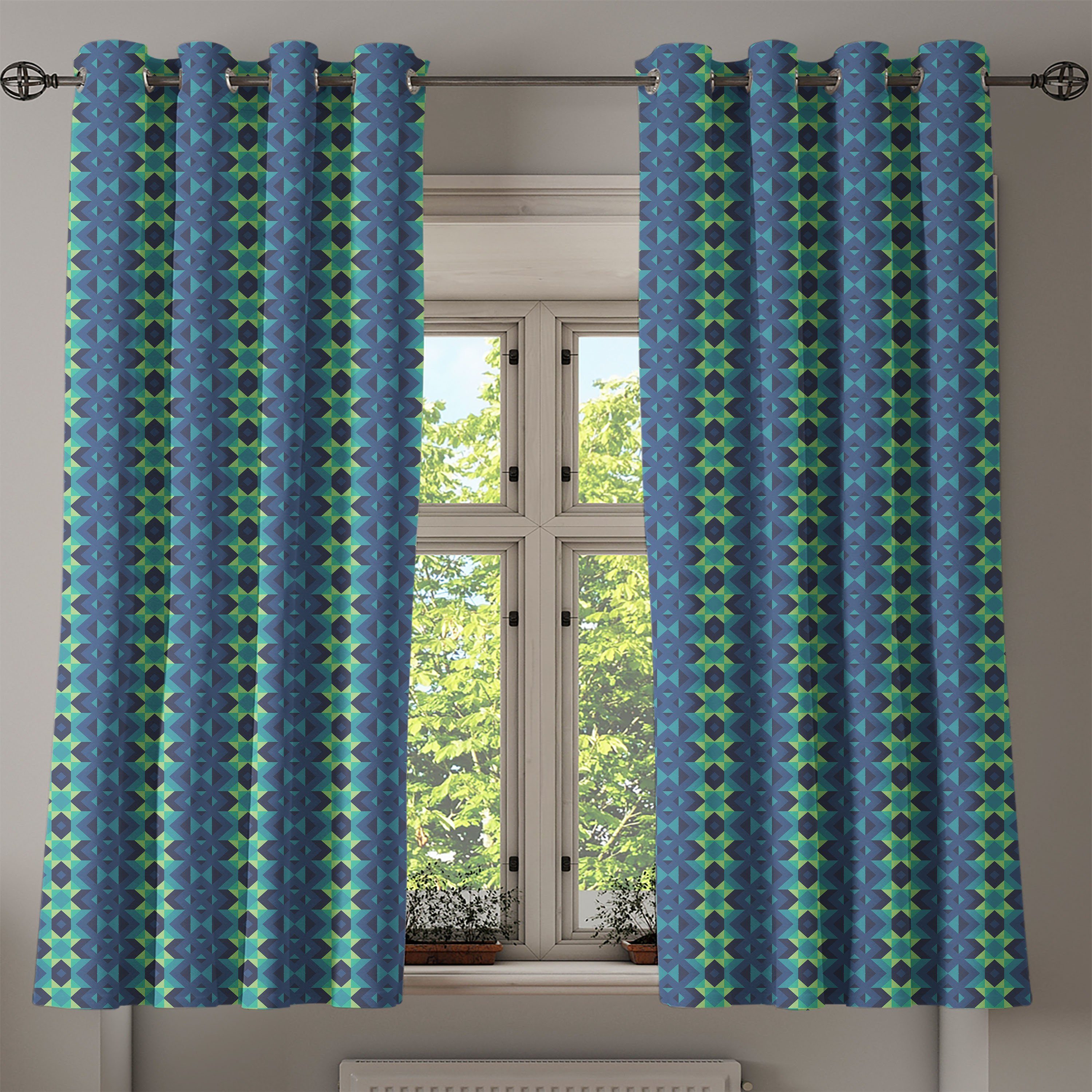 Wohnzimmer, Gardine Schlafzimmer Abakuhaus, 2-Panel-Fenstervorhänge geometrische für Grün und Blau Zigzag Dekorative