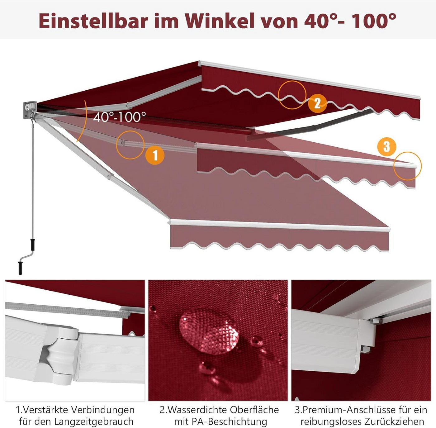 Thumbnail - KOMFOTTEU Gelenkarmmarkise Sonnenmarkise mit Handkurbel, 3 x 2,5 m