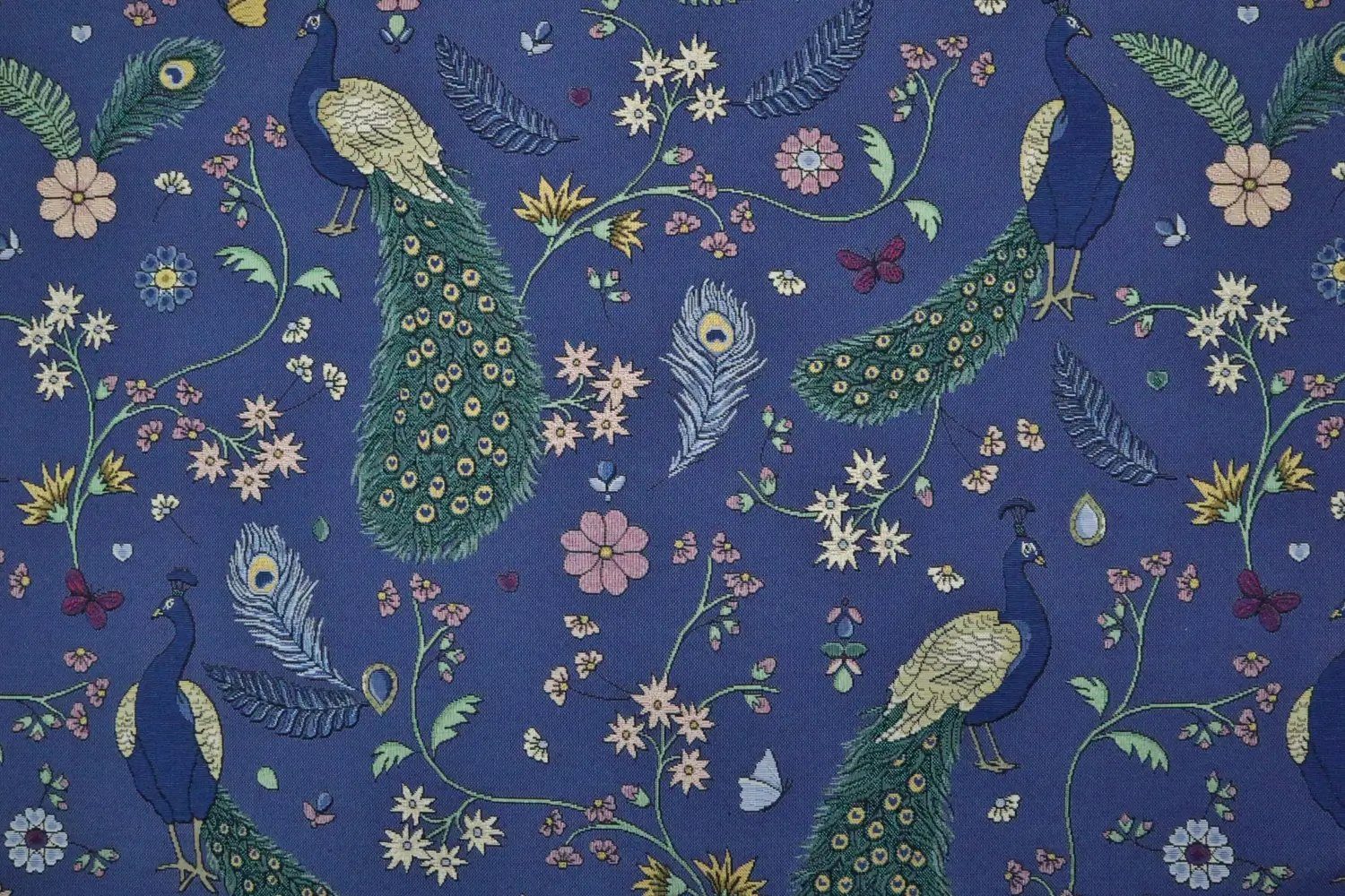Stofferia Stoff Polsterstoff Gobelin Peacock Garden Dream Dunkelblau, Meterware