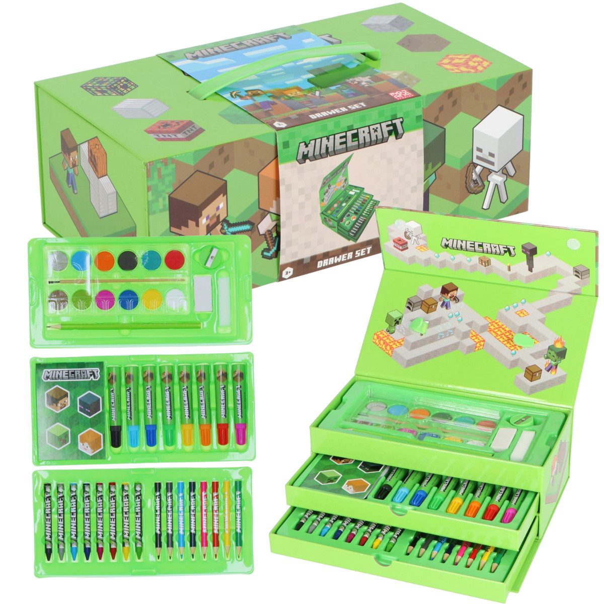 Minecraft Farbkasten Malkoffer für Kinder – Kreativset mit Stiften und Wasserfarbkasten