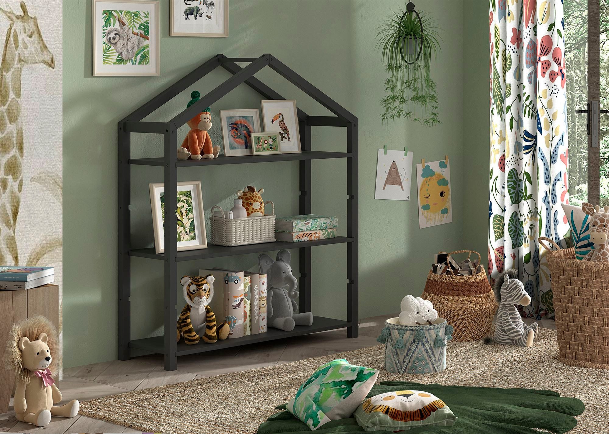 58 aufm Kessel Regal Bücherregal Kapua in Giebeloptik mit 3 Fächern Kiefer massiv anthrazit, inkl. Versand, Modernes Regal in Hausoptik mit flexiblem Stauraum