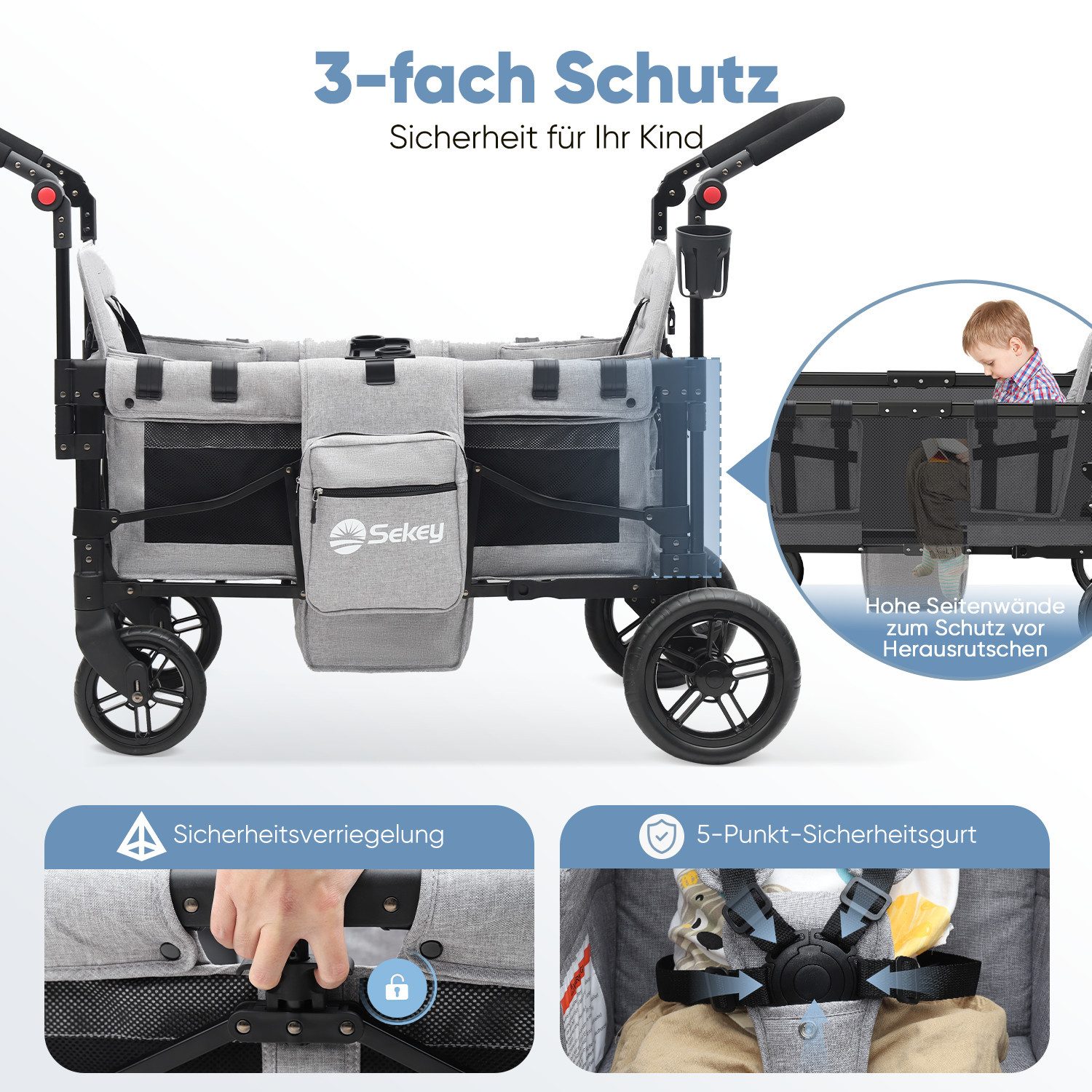 Sekey Bollerwagen für Kinder zum Sitzen, Bollerwagen Faltbar Kinderwagen für 2 Kinder, Duo Schiebegriff Kinderwagen mit 2 integrierten 5-Punkt-Gurtsystem