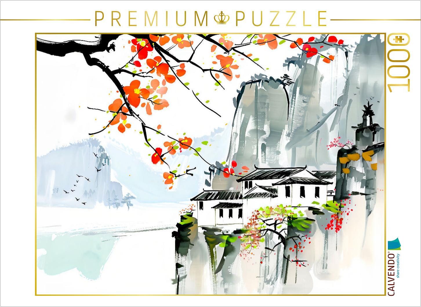 CALVENDO Puzzle CALVENDO Puzzle Dorf in den Bergen Chinas. Tuschemalerei, 1000 Teile, 1000 Puzzleteile