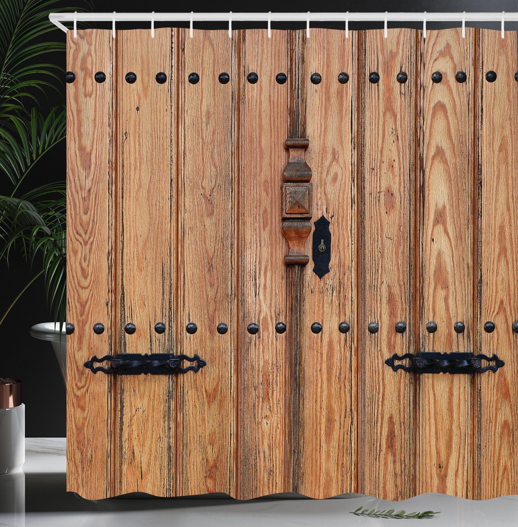 Abakuhaus Duschvorhang Moderner Digitaldruck mit 12 Haken auf Stoff Wasser Resistent Breite 175 cm, Höhe 180 cm, Hölzern Tür mit Eisen Detail