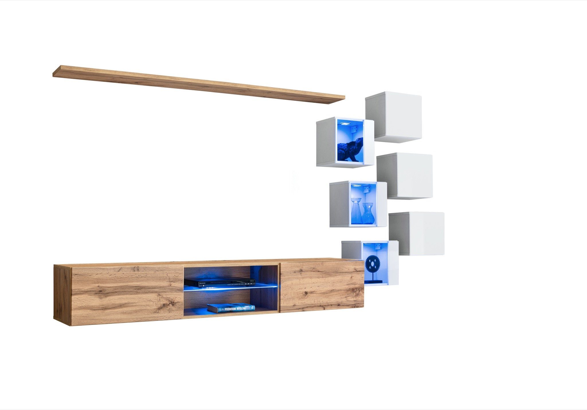 + 6x Ständer + (8-St., Ständer Luxus Wandschrank JVmoebel LED Komplett TV Wohnwand TV Wohnwand Wandregal), beleuchtet Holzmöbel Set Wandschrank,