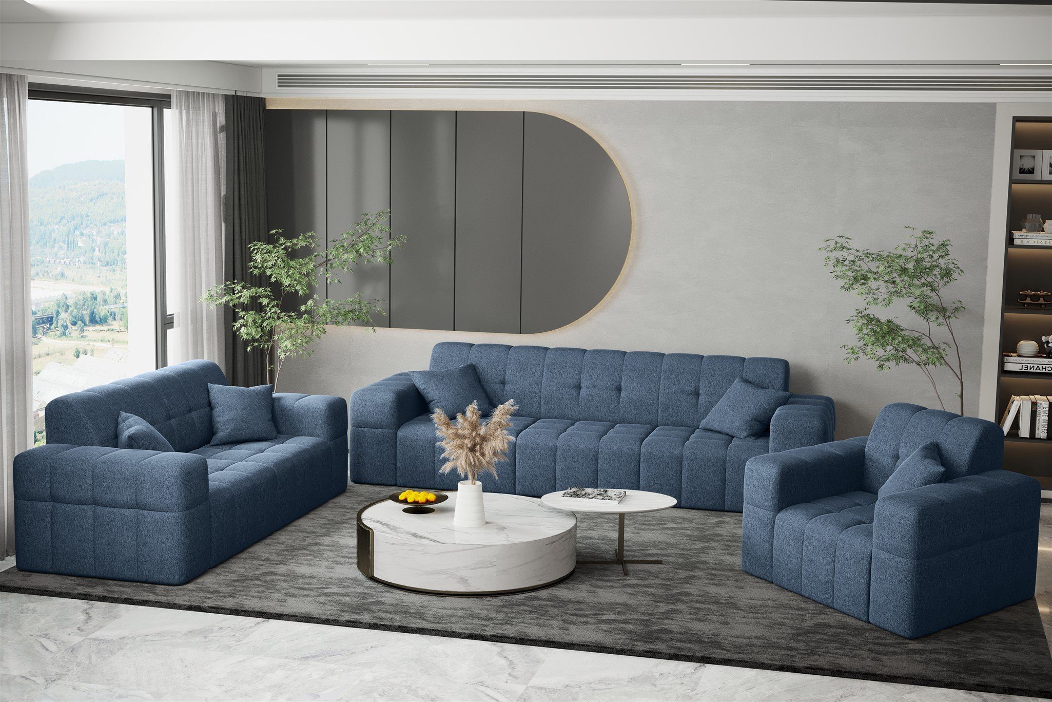 NANCY Designer-Sofa Stoff Rundumbezug Neve, Sofa Blau 2-Sitzer Fun Möbel Sofa in