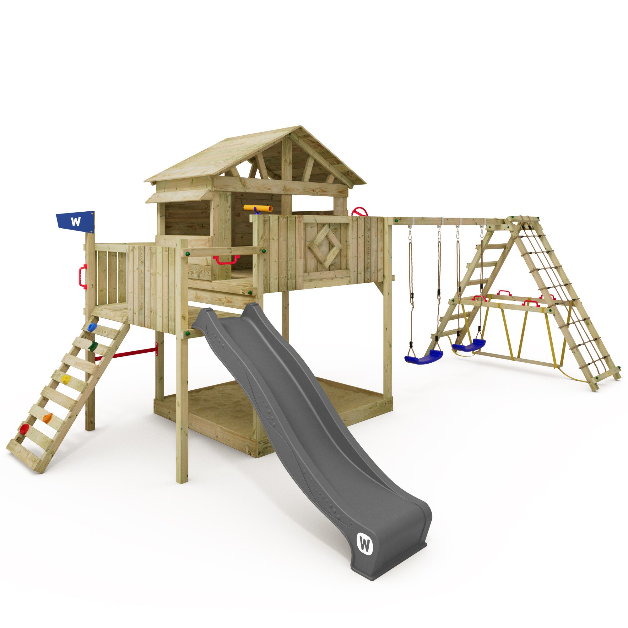 Wickey Klettergerüst Smart Fjord – Spielturm mit Spielhaus, Kletteranbau & Rutsche, (Holz-Spielhaus mit Fenster für fantasievolles Spielen, Outdoor-Spielplatz mit Rutsche & Kletteranbau), Wetterfestes & langlebiges Holz – mit 10 Jahren Garantie*
