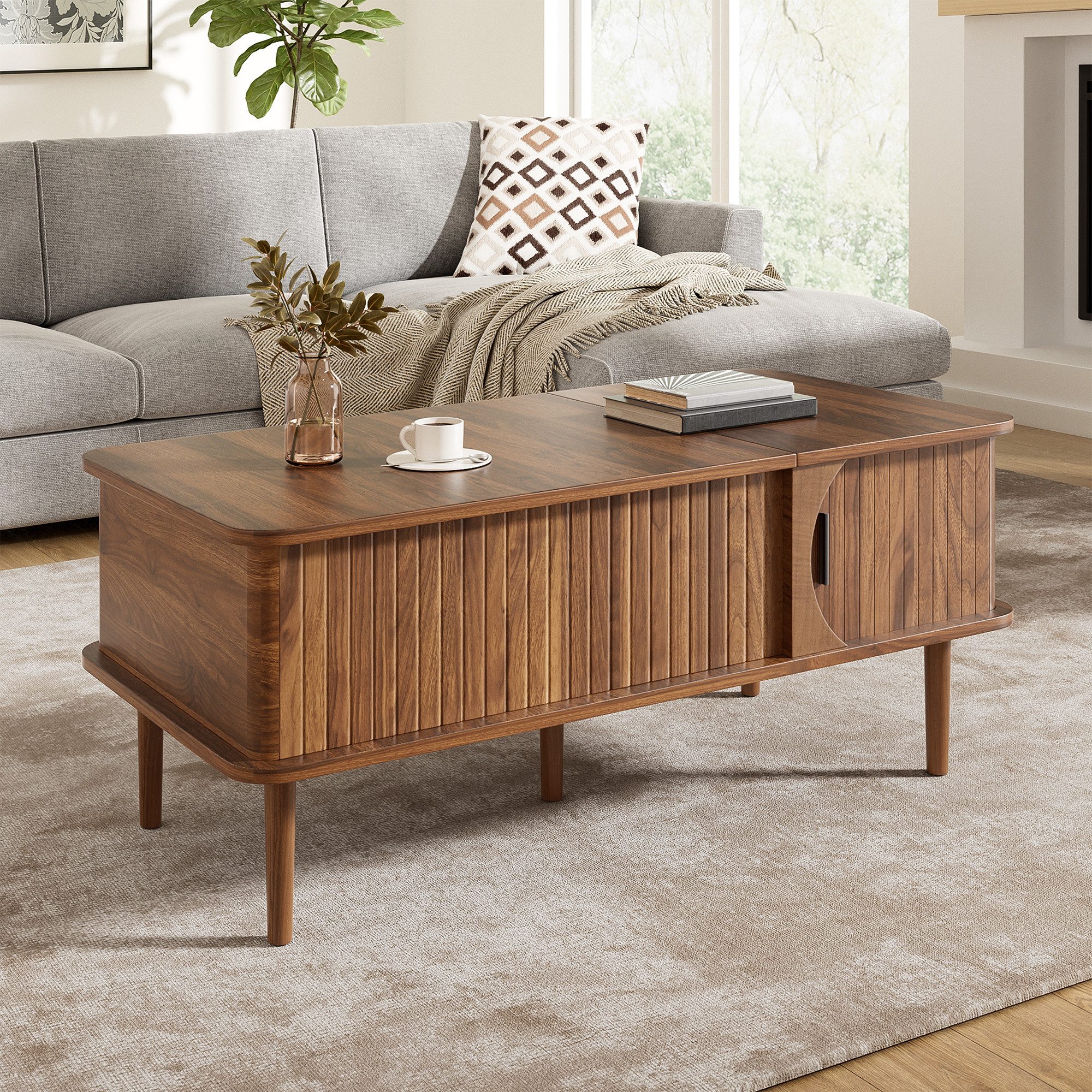 MODFU Couchtisch Modern Retro, Walnuss-Optik, vertikale Rillen 100x55,5x48 cm (Packung, 1-St., Höhenverstellbare Tischplatte & verschiebbare Tür), Holzbeine, multifunktionaler Wohnzimmertisch
