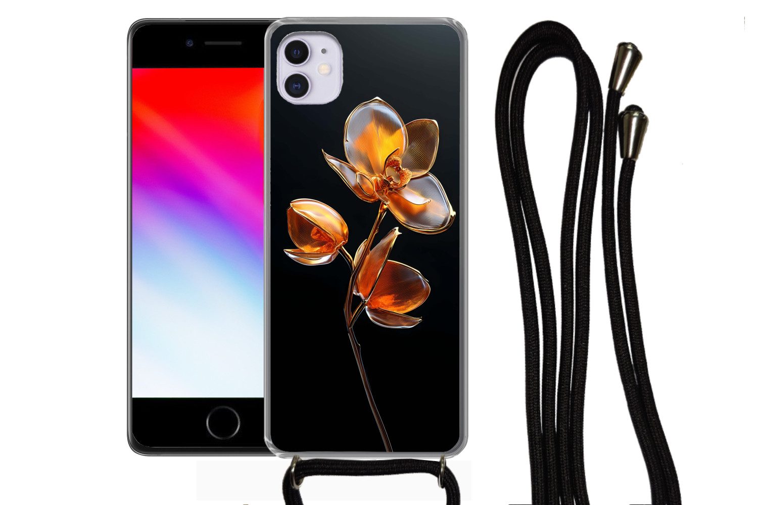 MuchoWow Handyhülle für Apple iPhone 12 Mini Blume - Orchidee - Orange, Tragbare Handyhüllen mit Kette zum umhängen, Handykette Handyband