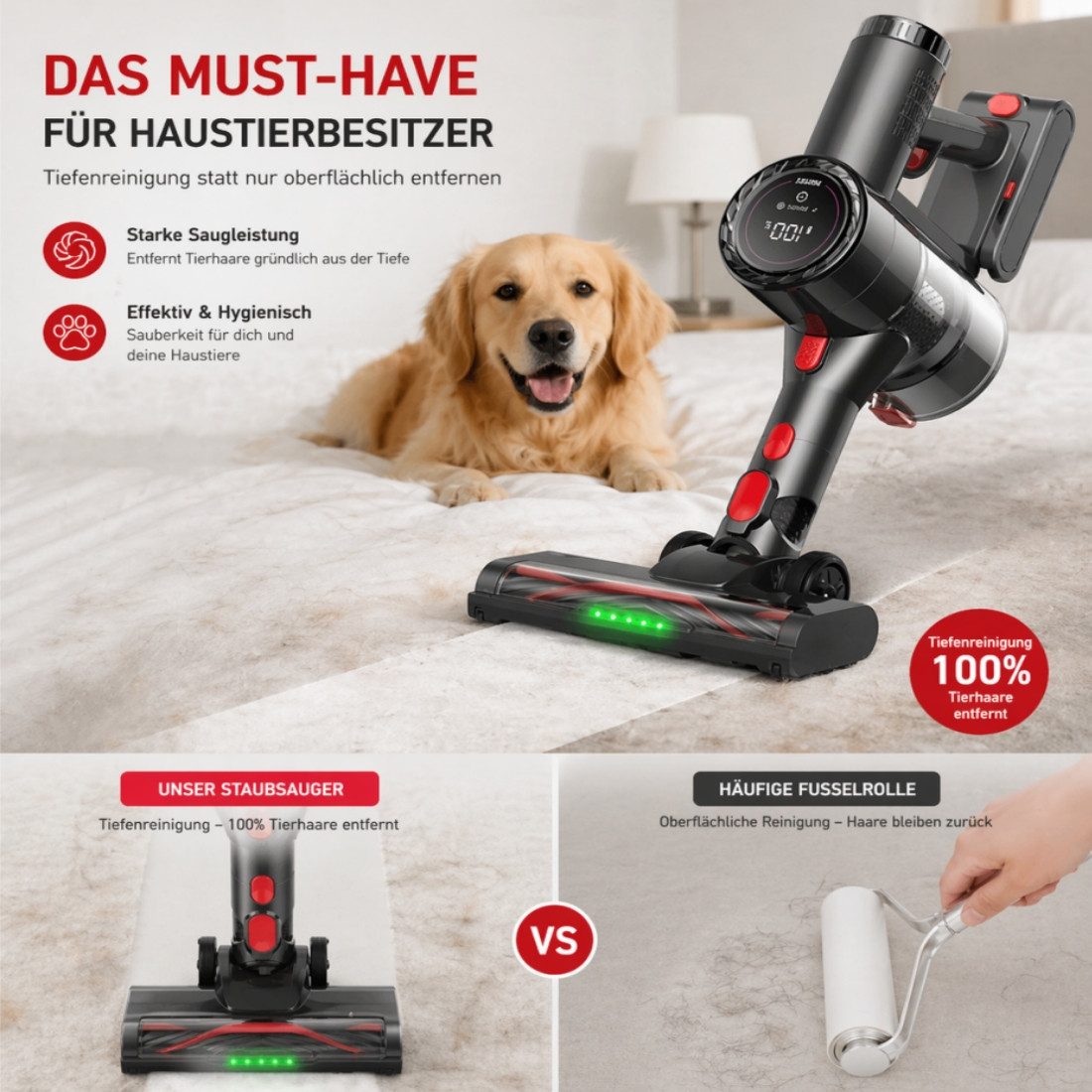 PRASKY Akku-Hand-und Stielstaubsauger Kabelloser Tierhaar Staubsauger für Sofa, Kleidung & Teppich, 550 W, mit Beutel, Staubsauger Kabellos