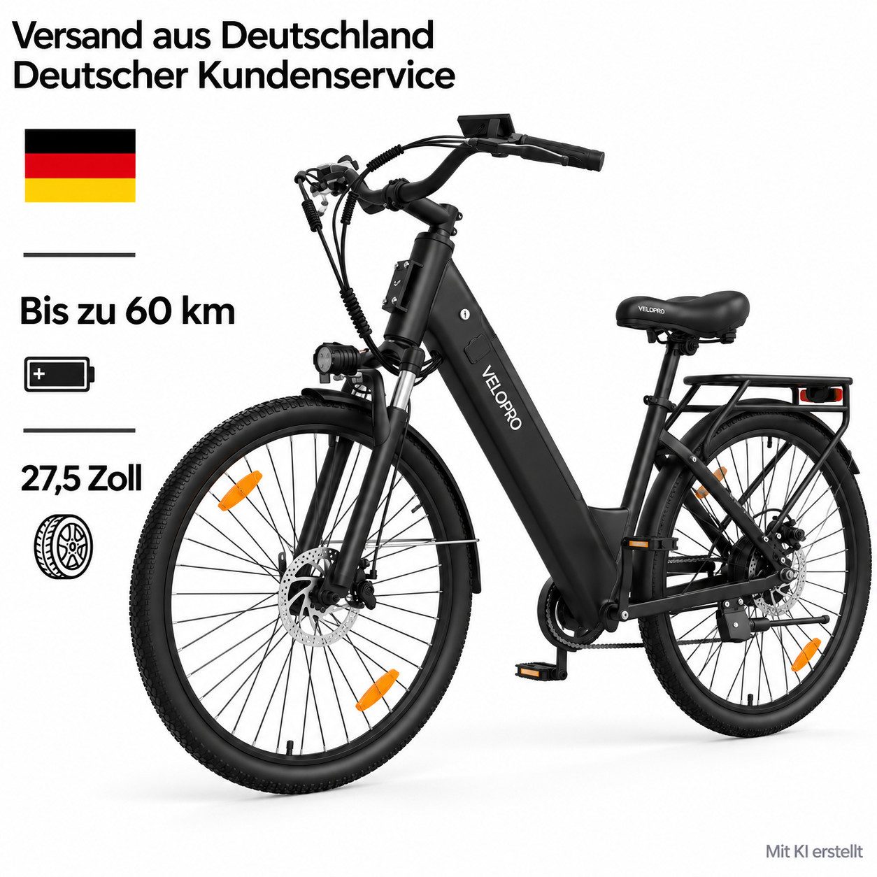 PIXAR E-Bike Cityrad Velopro C1 27,5 Zoll City Elektrofahrrad, 36 V 13 Ah Akku, 7-Gang, 7 Gang, Heckmotor, 468 Wh, Multifunktions-LCD; 250W Heckmotor; Gepäckträger