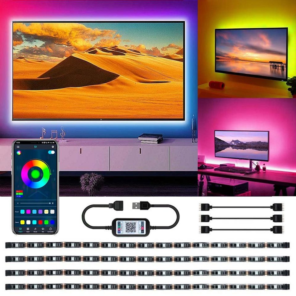 Rosnek LED Stripe Smart, 4 Stück, 50cm, RGB, für 32-65 Zoll TV Computer  Deko, USB, Musik Sync