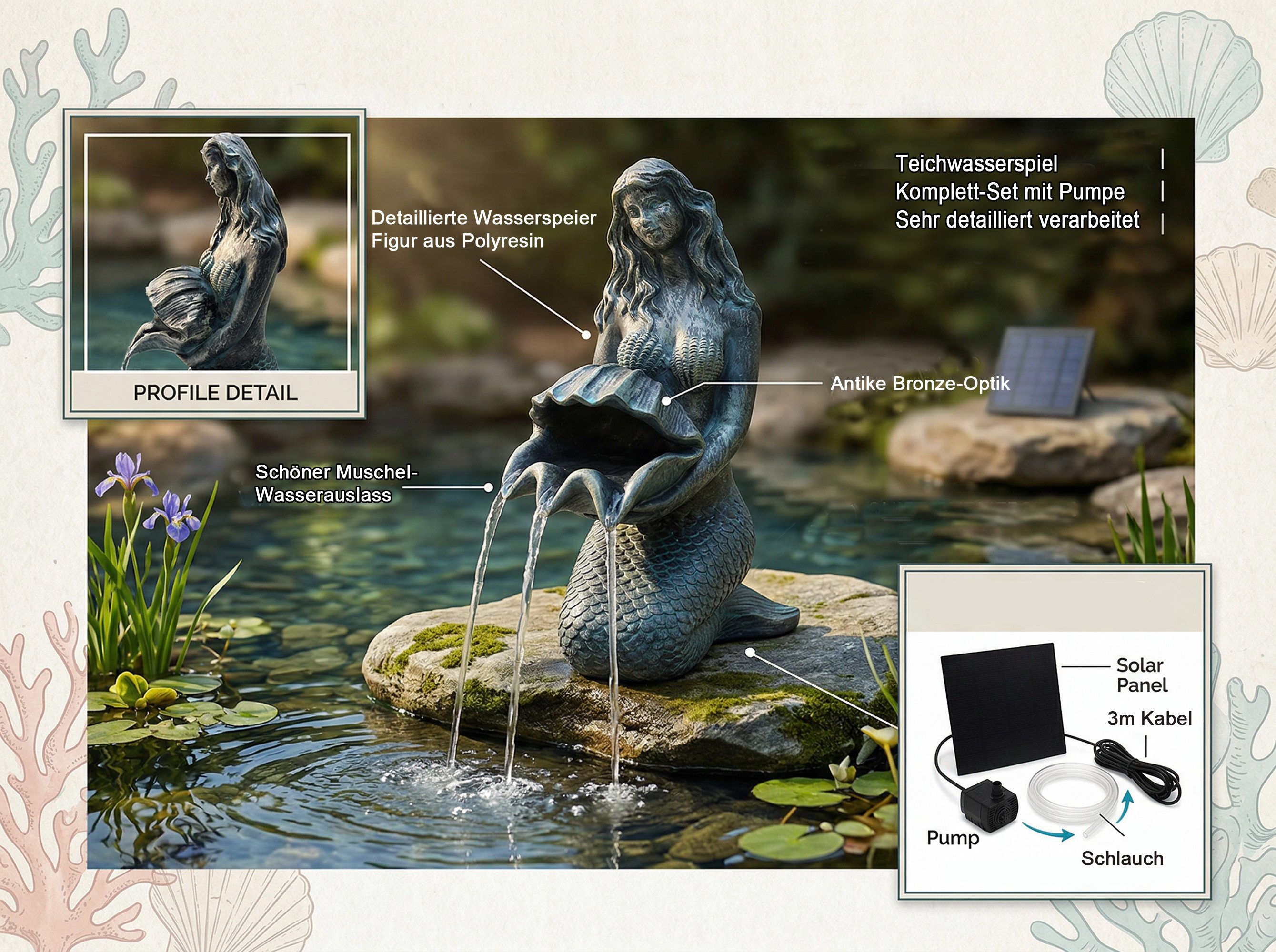Arnusa Wasserspeier Solar Springbrunnen Meerjungfrau mit Pumpe Wasserspiel Teich, Teichdekoration Gartenfigur Bronze-Optik 27 cm