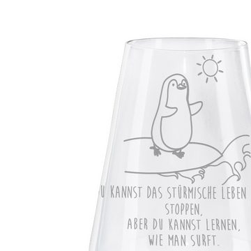 Mr. & Mrs. Panda Weißweinglas Pinguin Surfer - Transparent - Geschenk, Weinglas, Wellen reiten, Haw, Premium Glas, Exklusives Design