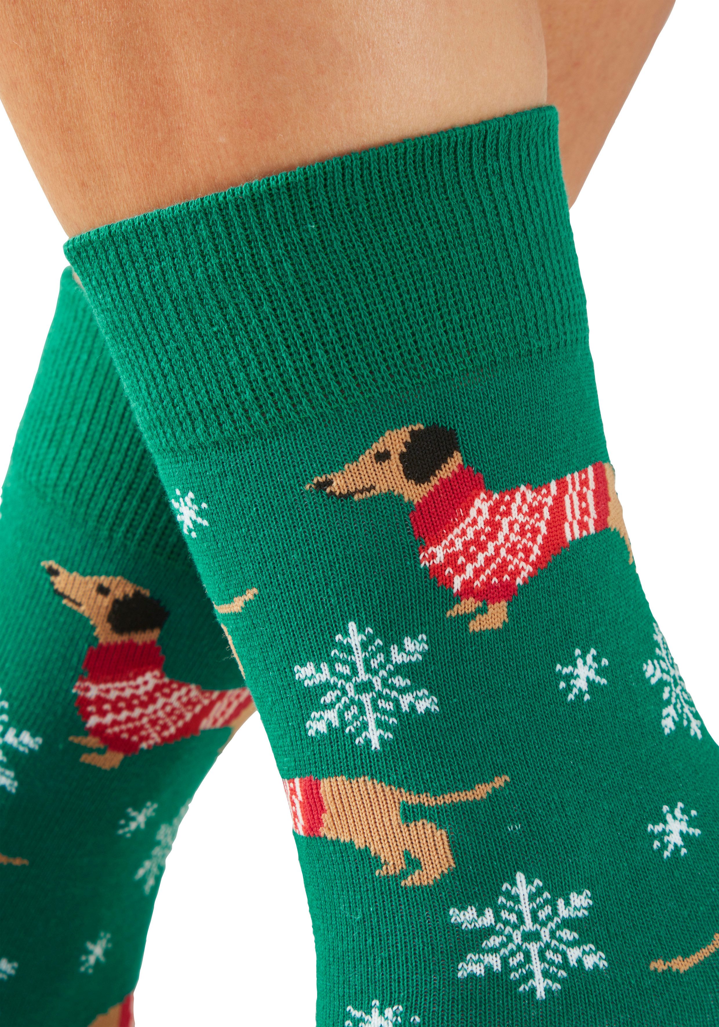 LASCANA Freizeitsocken Damen Weihnachtssocken (Packung, 3-Paar, Gr. 35-38 bis 39-42) mit lustigen Dackelmotiven – Bild 4 von 5