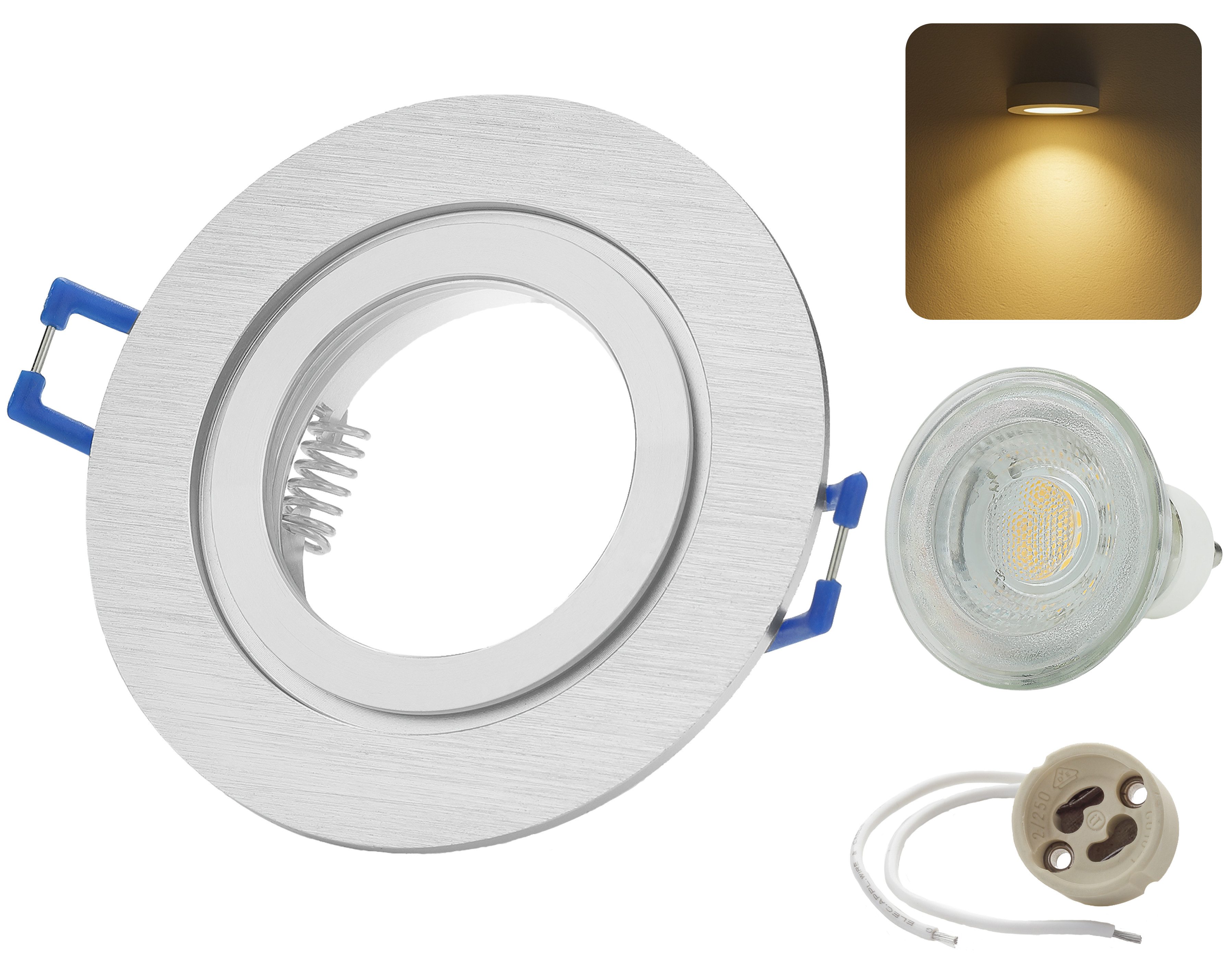 Sweet LED LED Einbaustrahler 6er Set IP44 Bad Aluminium GU10 7W LED Spots 230V Alu-gebürstet, Leuchtmittel wechselbar, 3000K - warmweiß, Deckenspots, Deckenstrahler, Einbauleuchten, spritzwassergeschützt