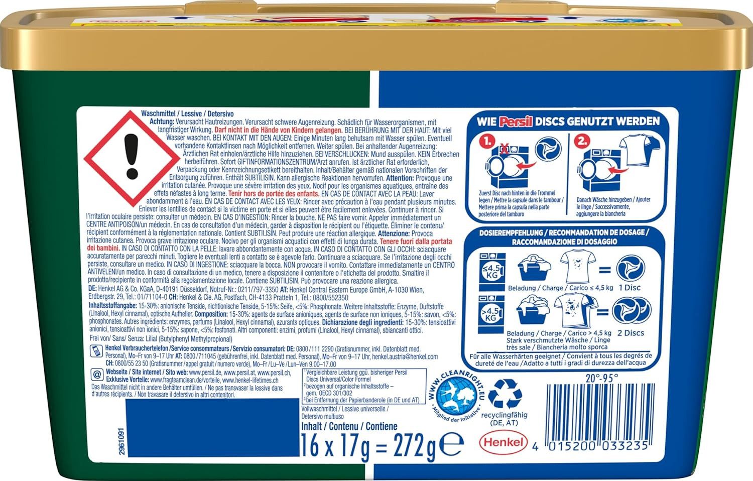 Persil Universal 4-in-1 Discs 16 WL mit Tiefenrein Technologie Vollwaschmittel (1er Pack für reine Wäsche und hygienische Frische)
