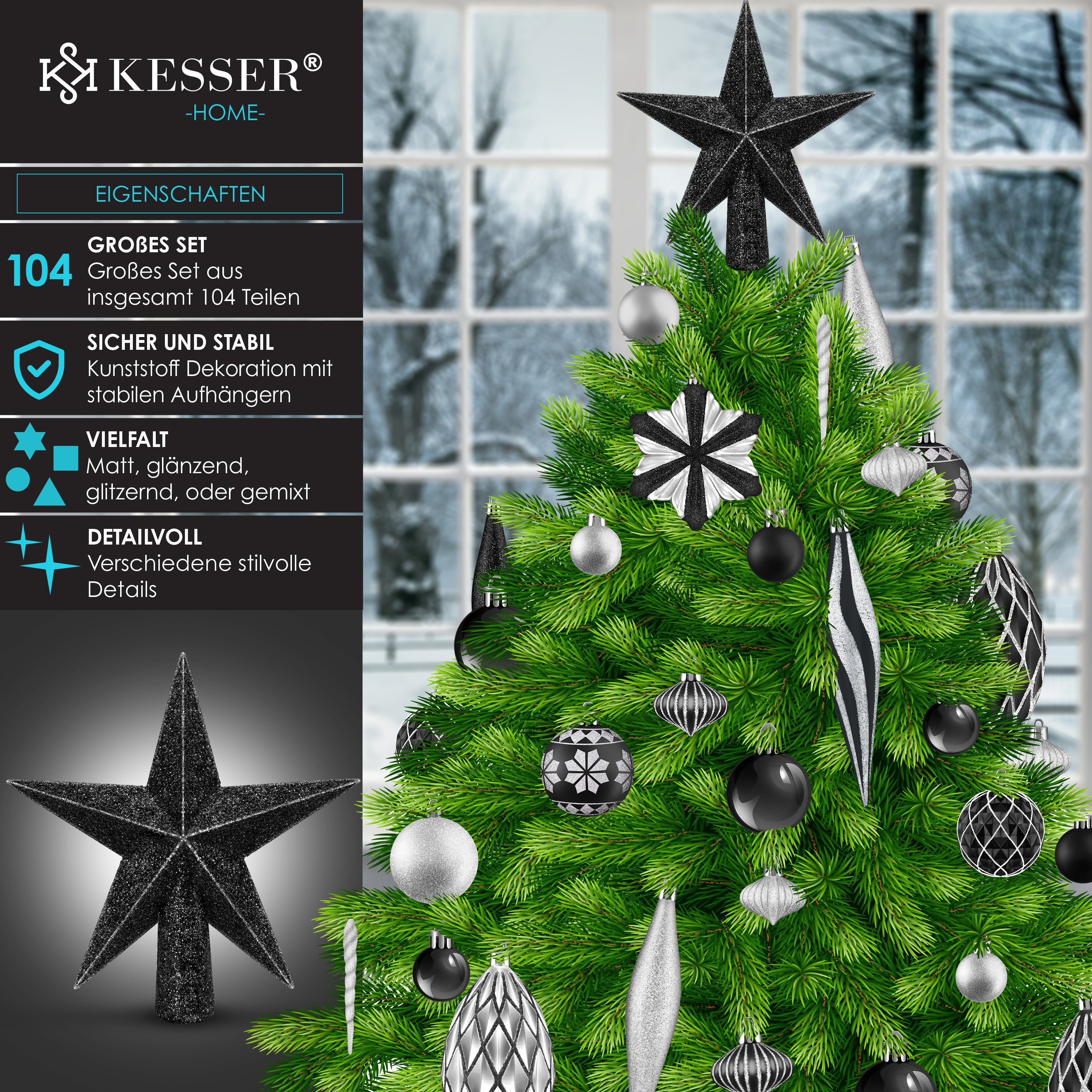 KESSER (135-tlg), Christbaumschmuck Set Weihnachtskugeln Baumspitze 105-teiliges schwarz silber / Christbaumkugeln