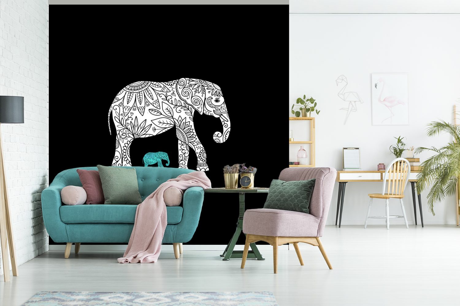 Weiß, - Wohnzimmer Tapete für Matt, Muster Elefant - (5 Wandtapete bedruckt, Blau MuchoWow oder St), Vinyl - Schlafzimmer, Fototapete