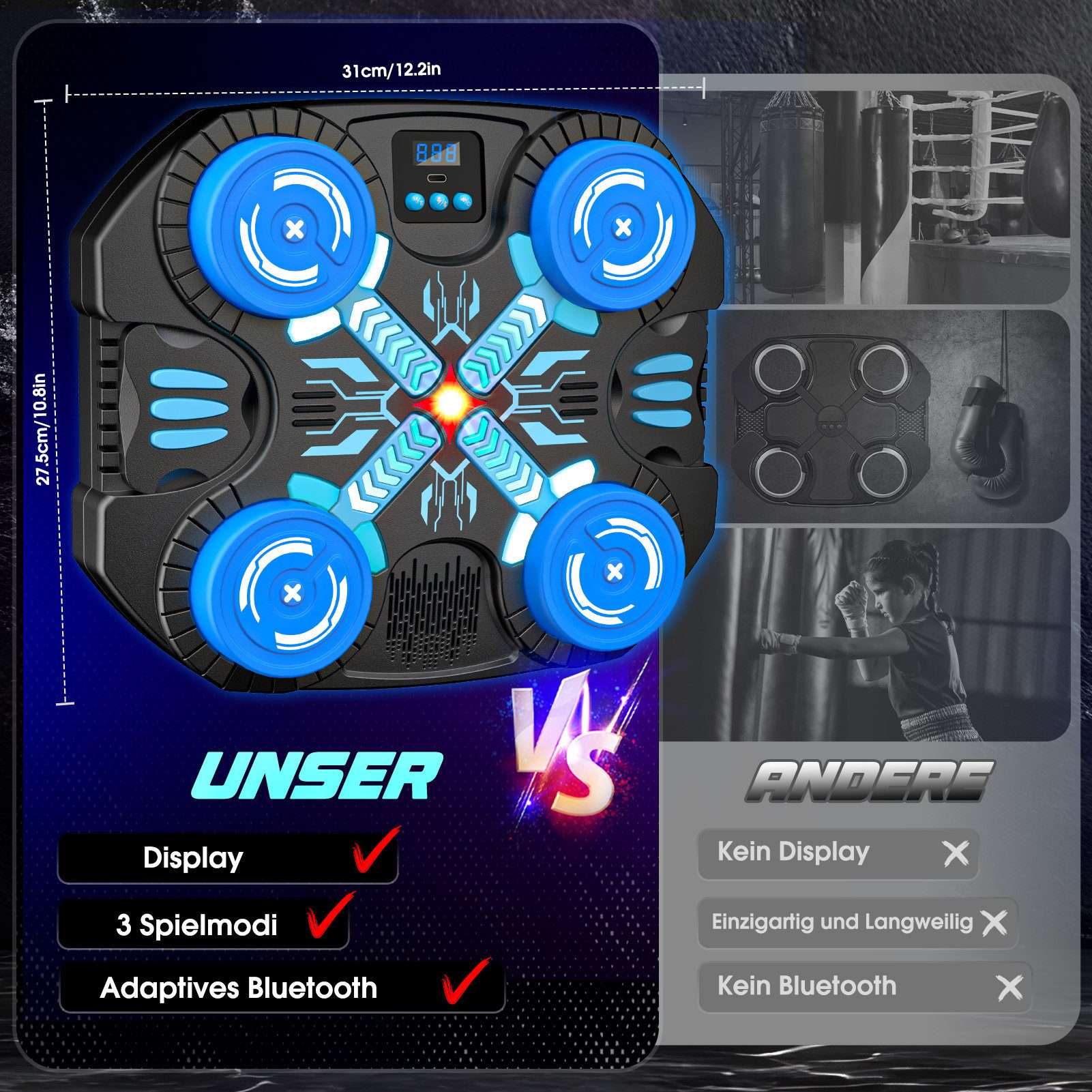 Wootoy Boxsack Boxmaschine Kinder Bluetooth Music Boxing Machine mit LED-Licht (mit 3 Spielmodi Boxhandschuhe, 1-tlg., Boxspielzeug), Wandmontage ohne Bohren – Bild 4 von 5