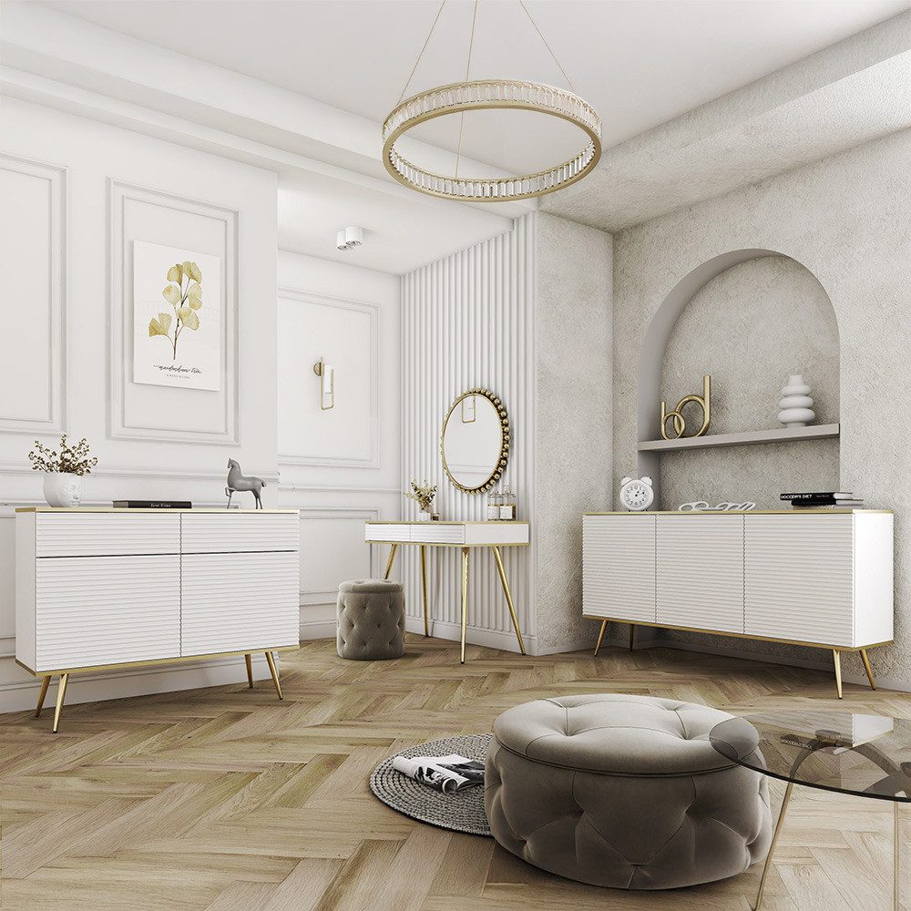 Lomadox Wohnzimmer-Set OLOVO-160, (Mega-Spar-Set, 3-St., Schminktisch), Weiß, Rillenfront, goldenen Highlights und Füße, Push-to-open