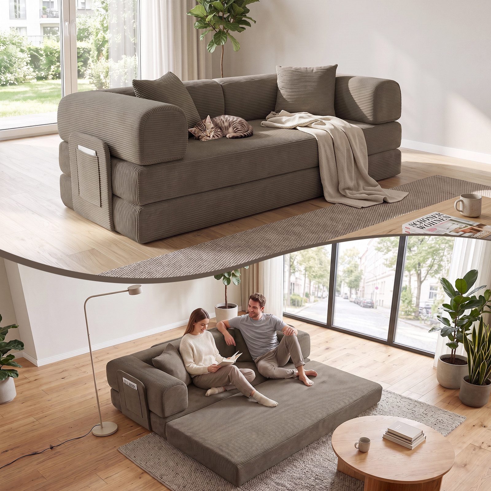 ANYSUN 3-Sitzer 4-in-1 Cord-Schlafsofa, lappbares Bodensofa,Knochenloses Sofa, Schlafsofa Klappbar mit 2 Kissen & Stahlgeste, Tatami-Bodensofa für Wohnzimmer, Schlafzimmer und Wohnungen