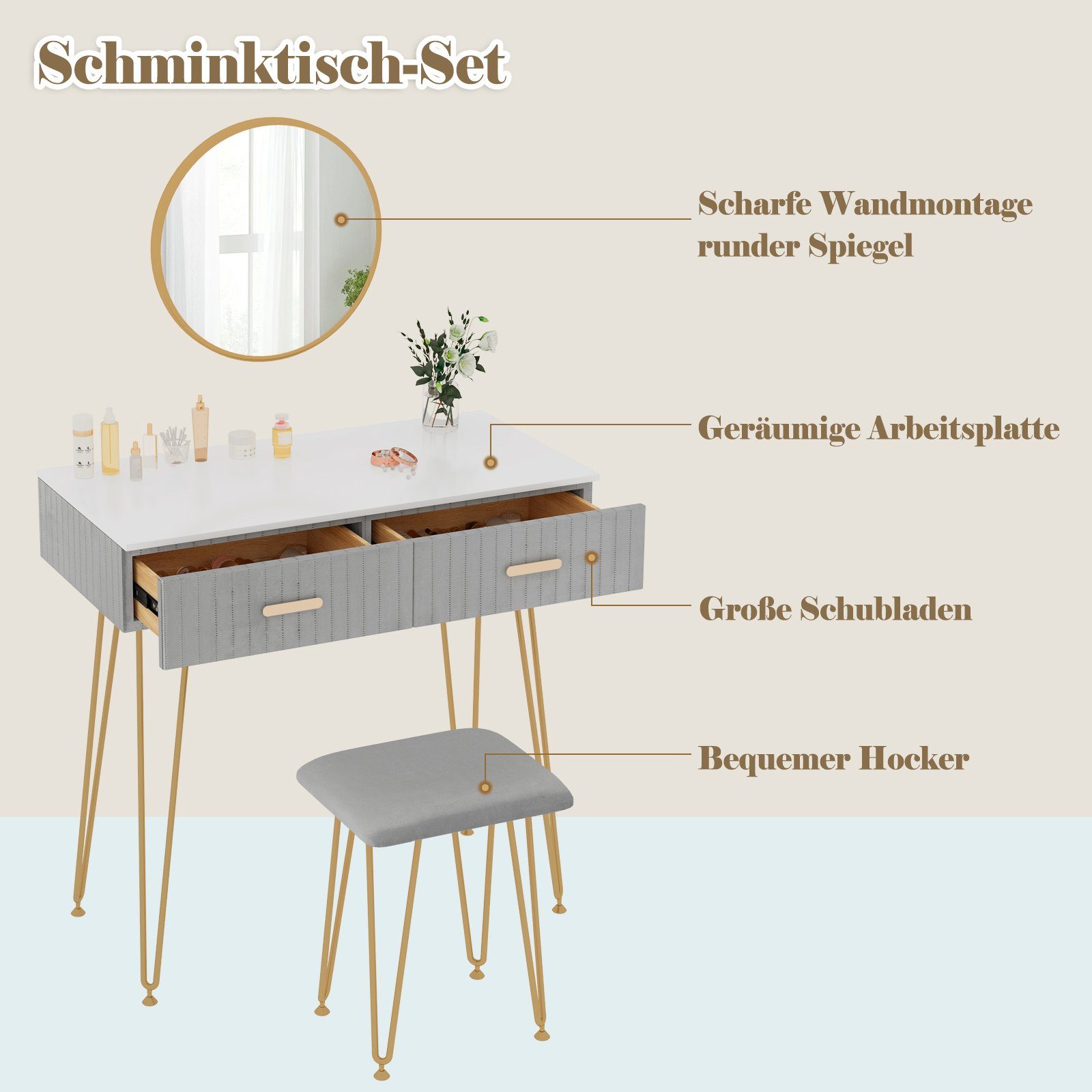 mit Woltu und 80x40cm, Schubladen Spiegel Schminktisch (1-St),