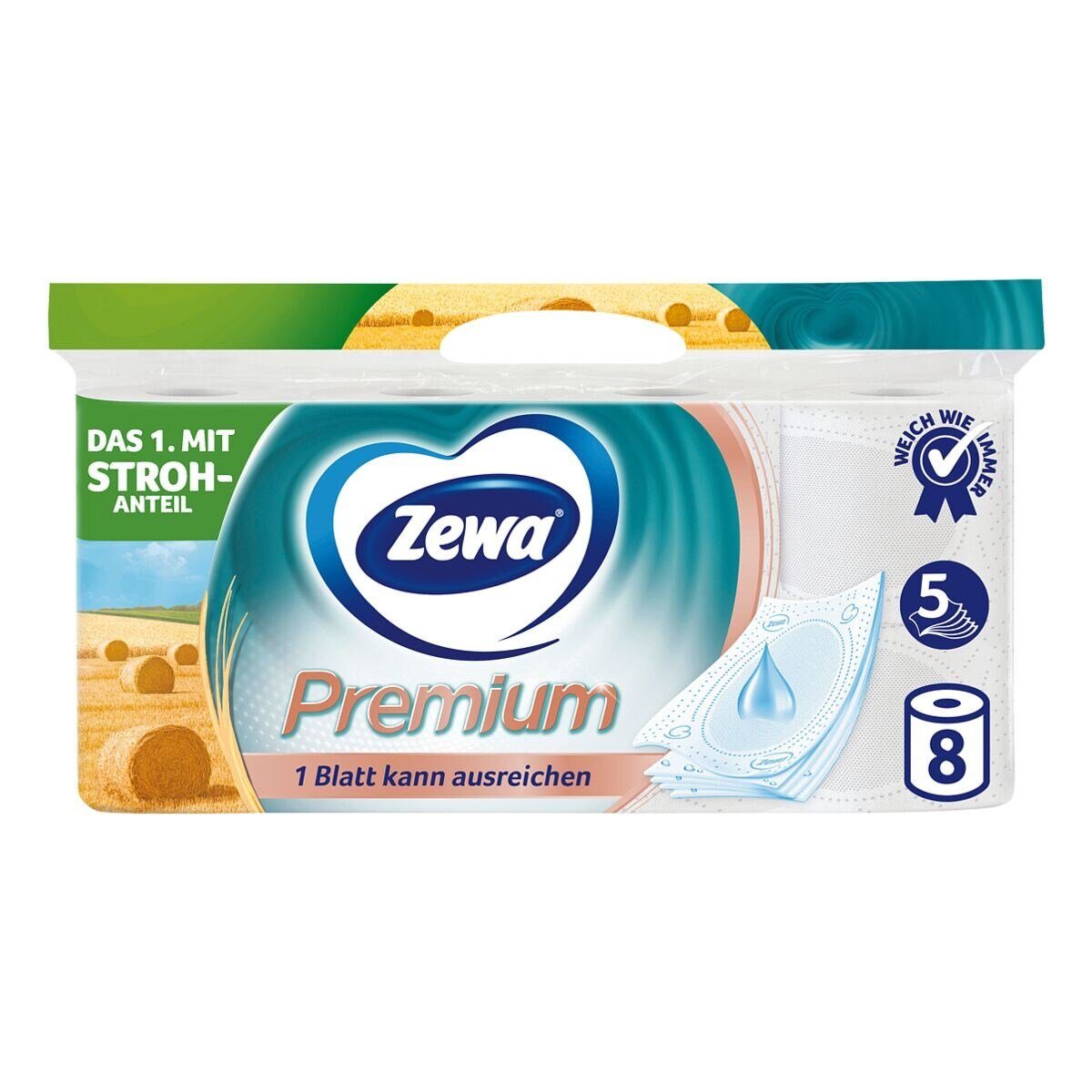 ZEWA Toilettenpapier Premium (8-St), 5-lagig, extra große Blätter, Papier mit Strohanteil, 110 Blatt/Rolle