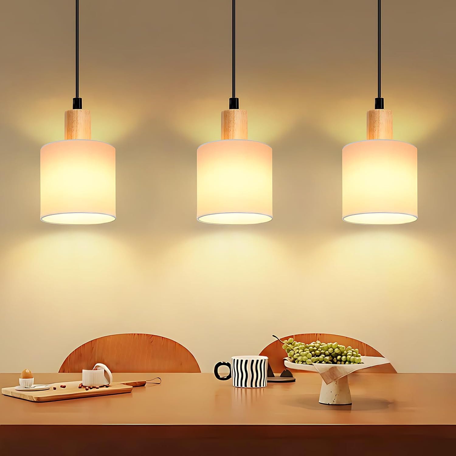 Nettlife Pendelleuchte Vintage Holz Stoff Weiß 1/3 Flammig E14 Rustikale Beleuchtung, Höhenverstellbar, LED wechselbar, Küche Wohnzimmer Restaurant Schlafzimmer Flur
